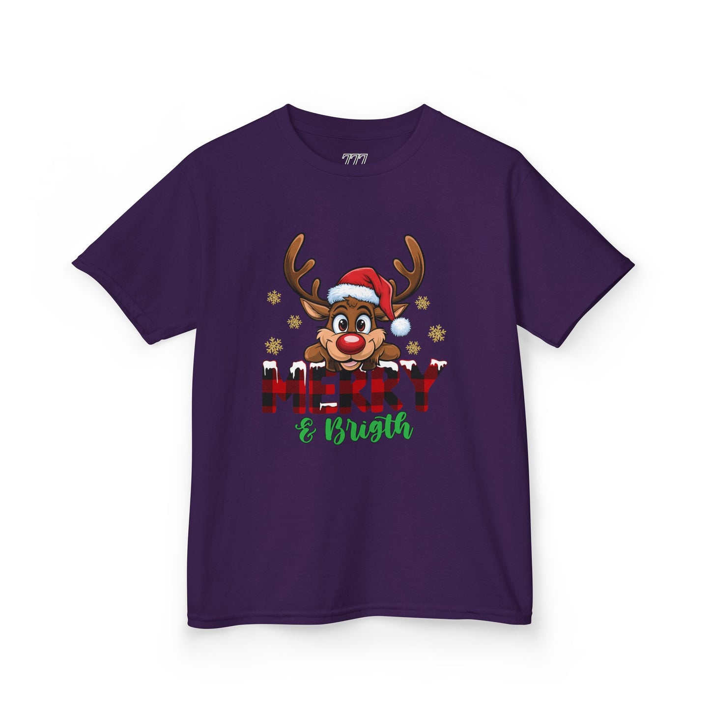 Merry & Bright Kids Christmas T-Shirt – Cute Reindeer Holiday Heavy Cotton Tee