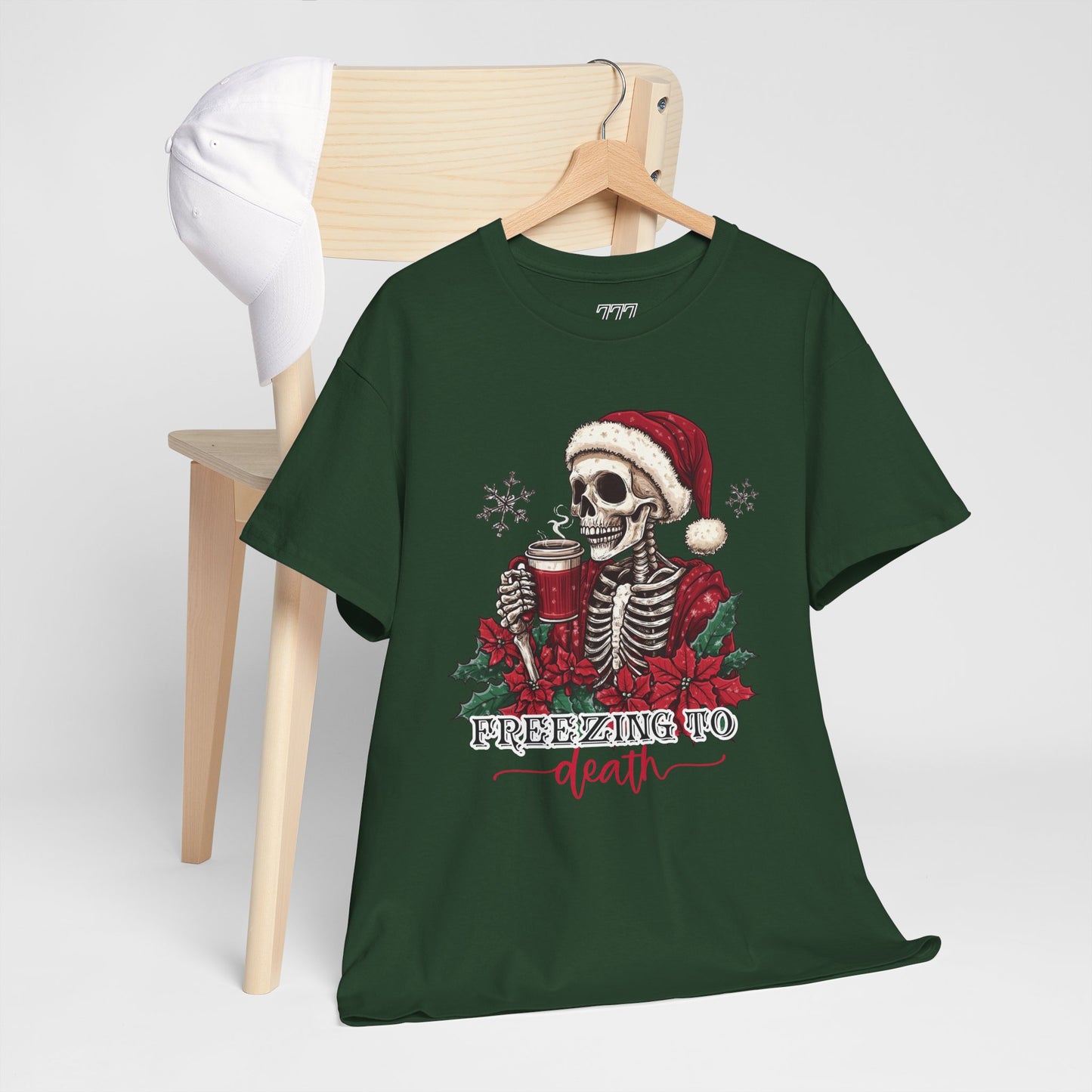 Freezing To Death Skeleton Christmas Tee – Funny Holiday Unisex Heavy Cotton T-Shirt, Winter Coffee Xmas Shirt