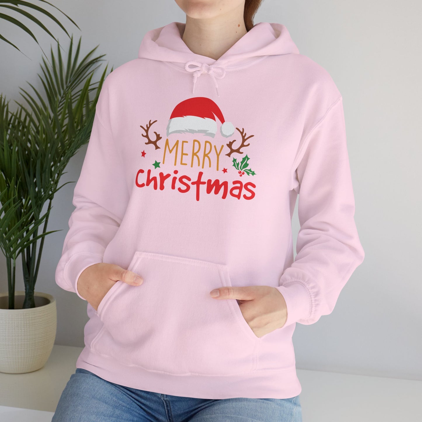 Merry Christmas Reindeer Hoodie – Santa Hat Holiday Unisex Sweatshirt, Festive Xmas Pullover