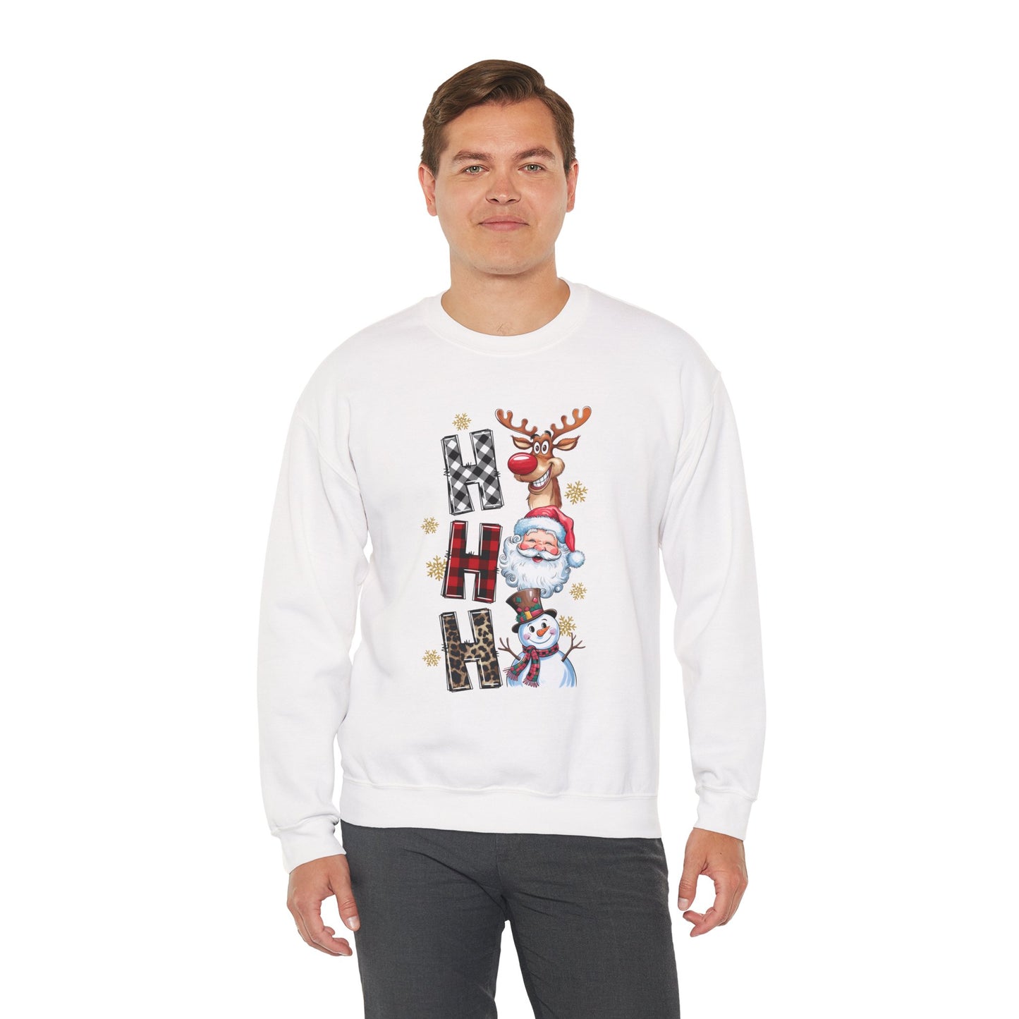 HO HO HO Christmas Unisex Heavy Blend Crewneck Sweatshirt – Santa, Reindeer & Snowman Holiday Sweater
