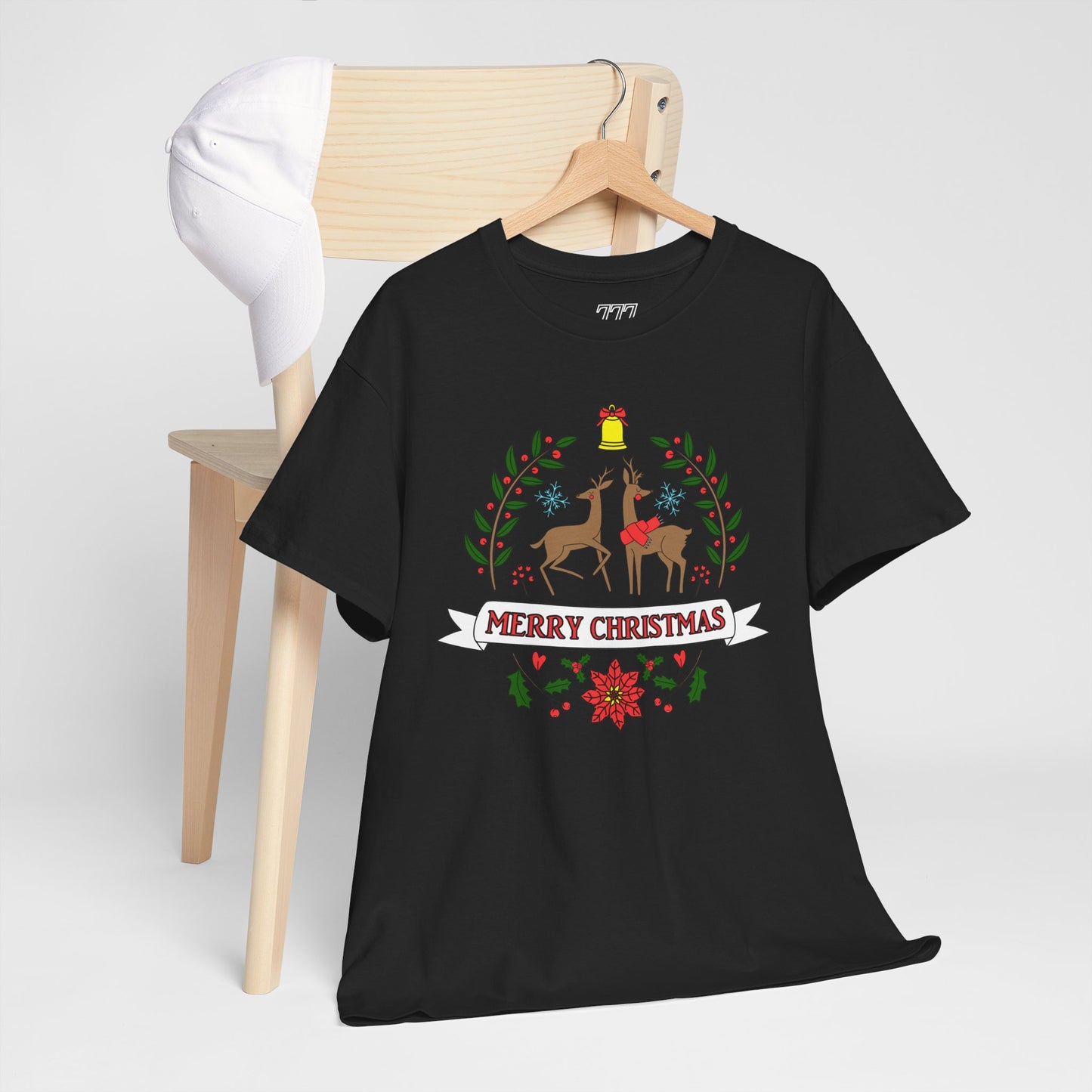 Merry Christmas Reindeer T-Shirt – Classic Holiday Laurel & Poinsettia Tee (Unisex)