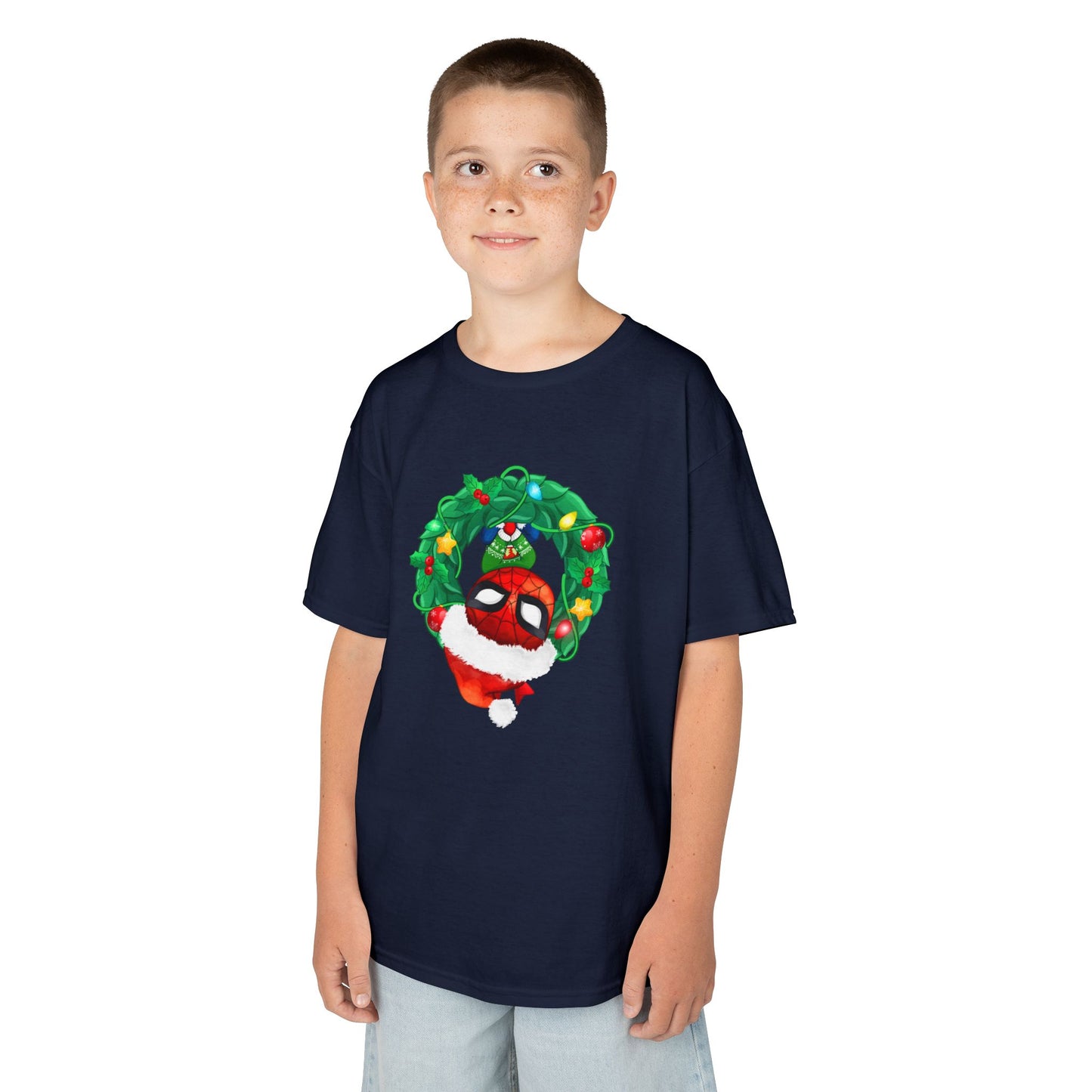 Spidey Wreath Kids Christmas Tee – Superhero Holiday Shirt for Kids Heavy Cotton T-Shirt