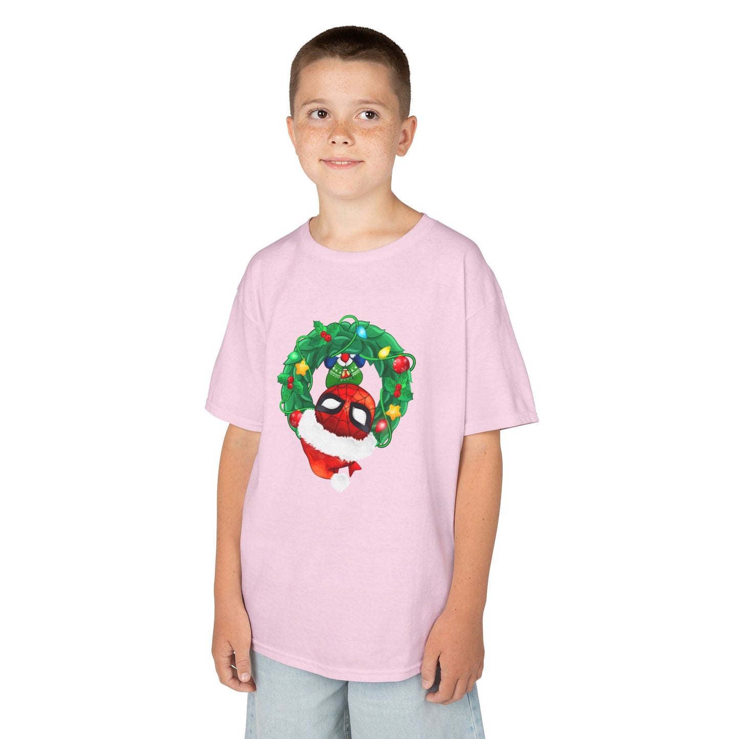 Spidey Wreath Kids Christmas Tee – Superhero Holiday Shirt for Kids Heavy Cotton T-Shirt