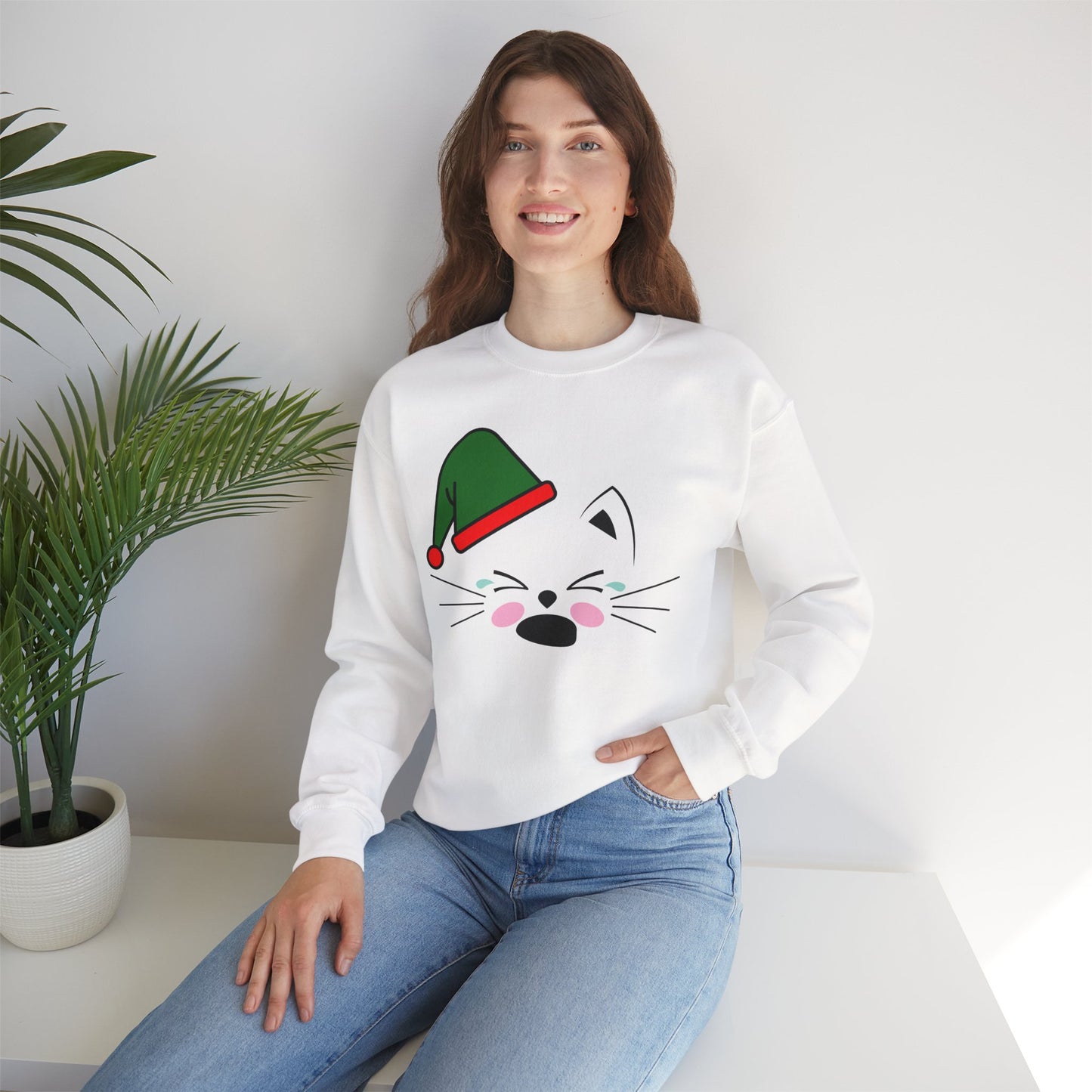 Elf Cat Christmas Crewneck – Cute Kawaii Cat Holiday Sweatshirt (Unisex)