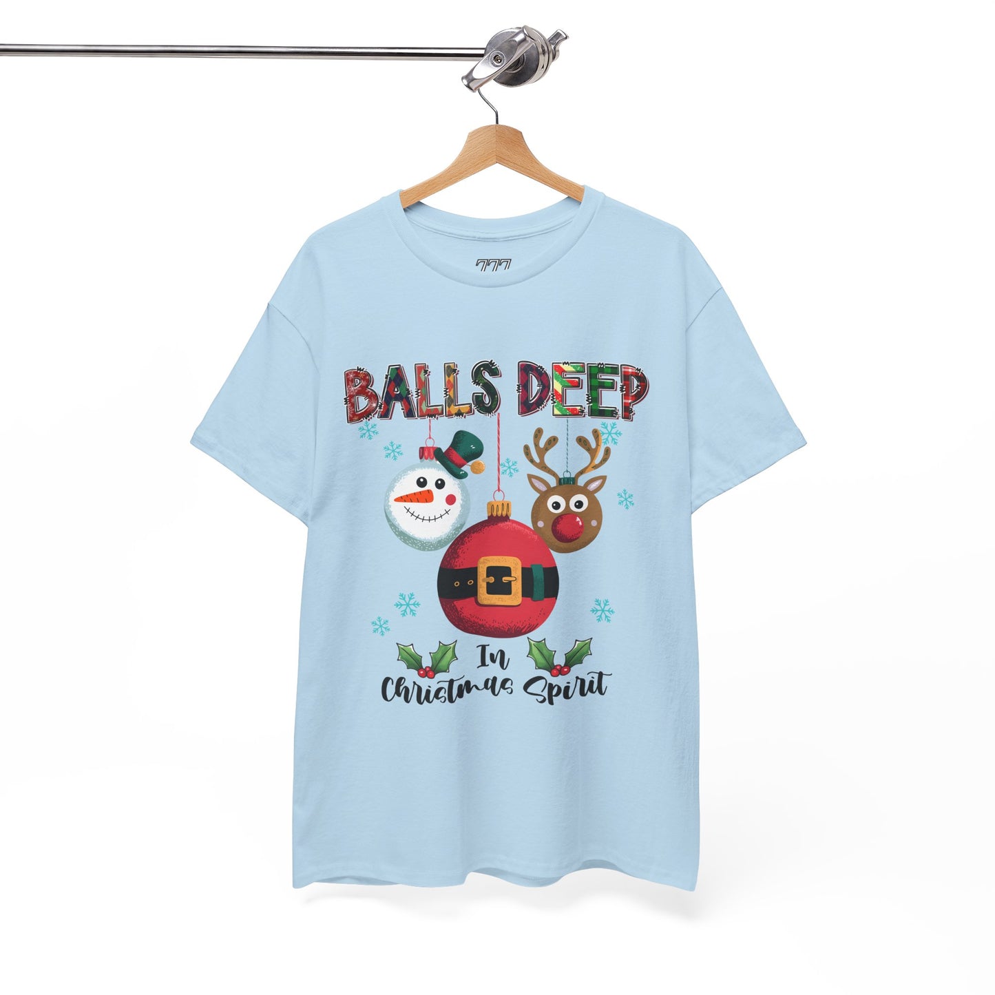 Balls Deep in Christmas Cheer Unisex Heavy Cotton T-Shirt – Funny Adult Holiday Snowman & Reindeer Tee