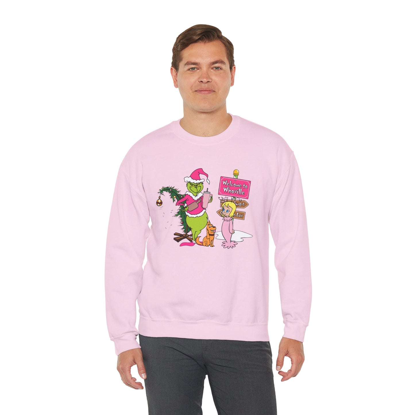Welcome to Merryville Christmas Crewneck – Cute Green Creature & Winter Village Sweatshirt (Unisex)