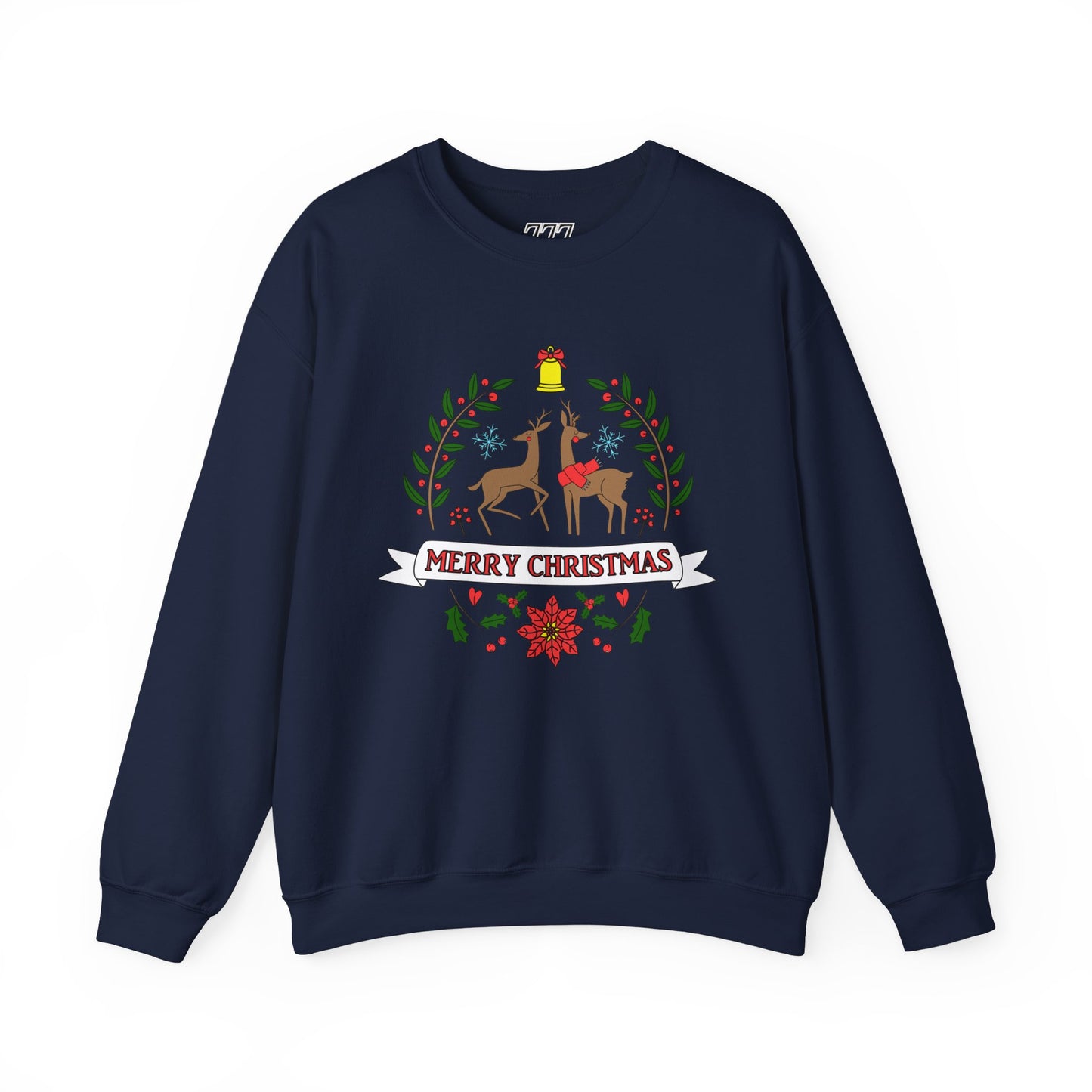 Merry Christmas Reindeer Crewneck – Classic Holiday Laurel & Poinsettia Sweatshirt (Unisex)
