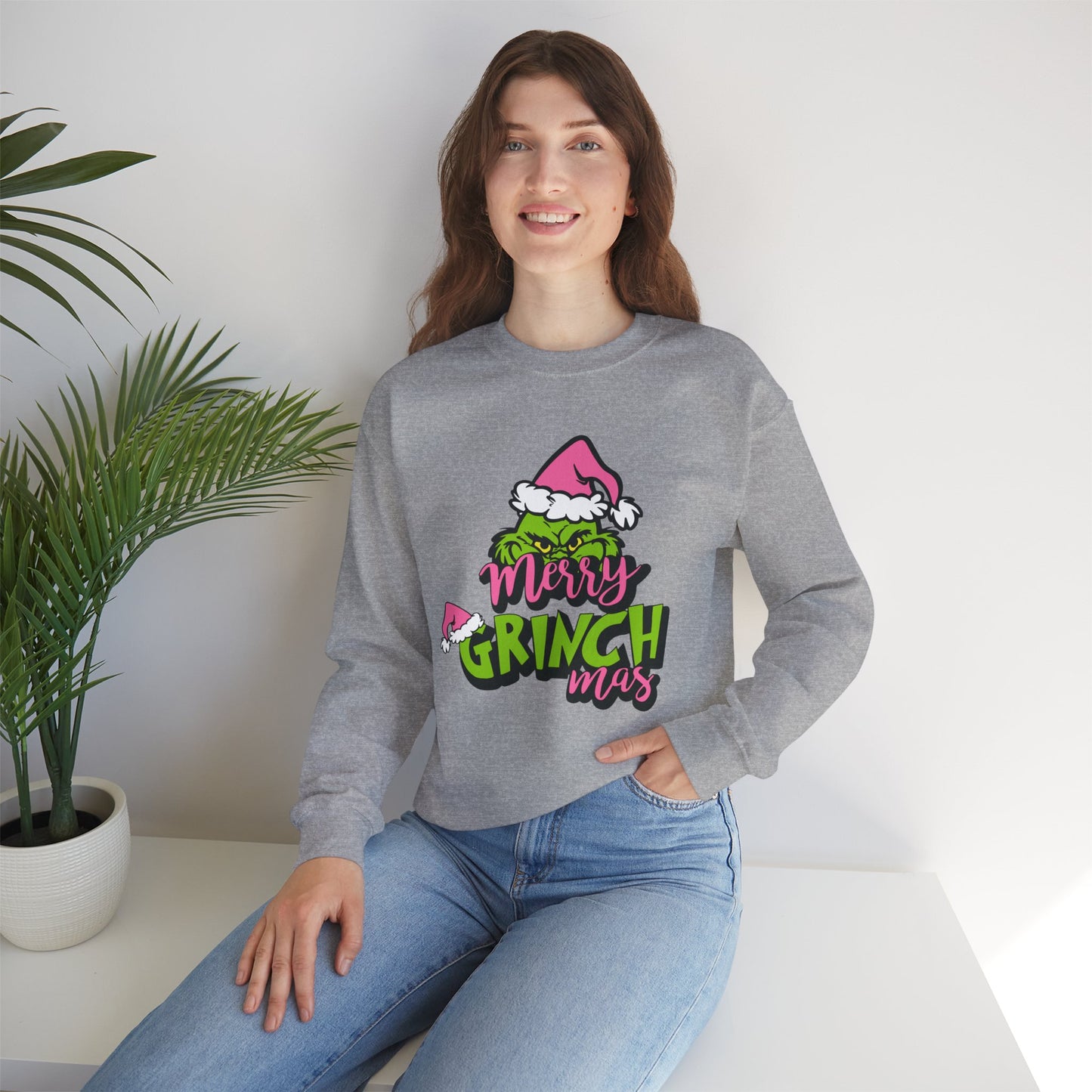 Merry Grinchmas Funny Christmas Grinch-Inspired Holiday Sweatshirt – Pink Santa Festive Unisex Heavy Blend Crewneck