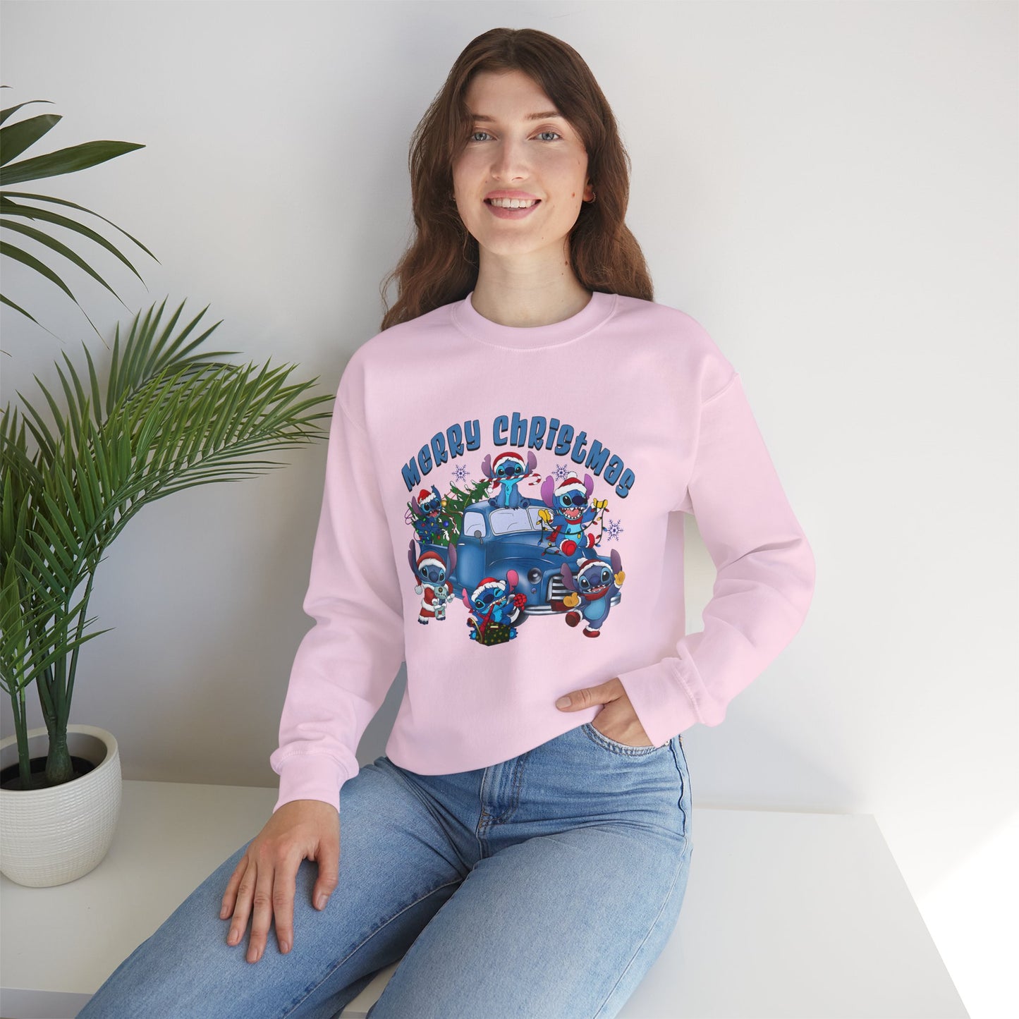 Merry Christmas Unisex Heavy Blend Crewneck Sweatshirt – Blue Christmas Truck & Cute Holiday Characters Sweater