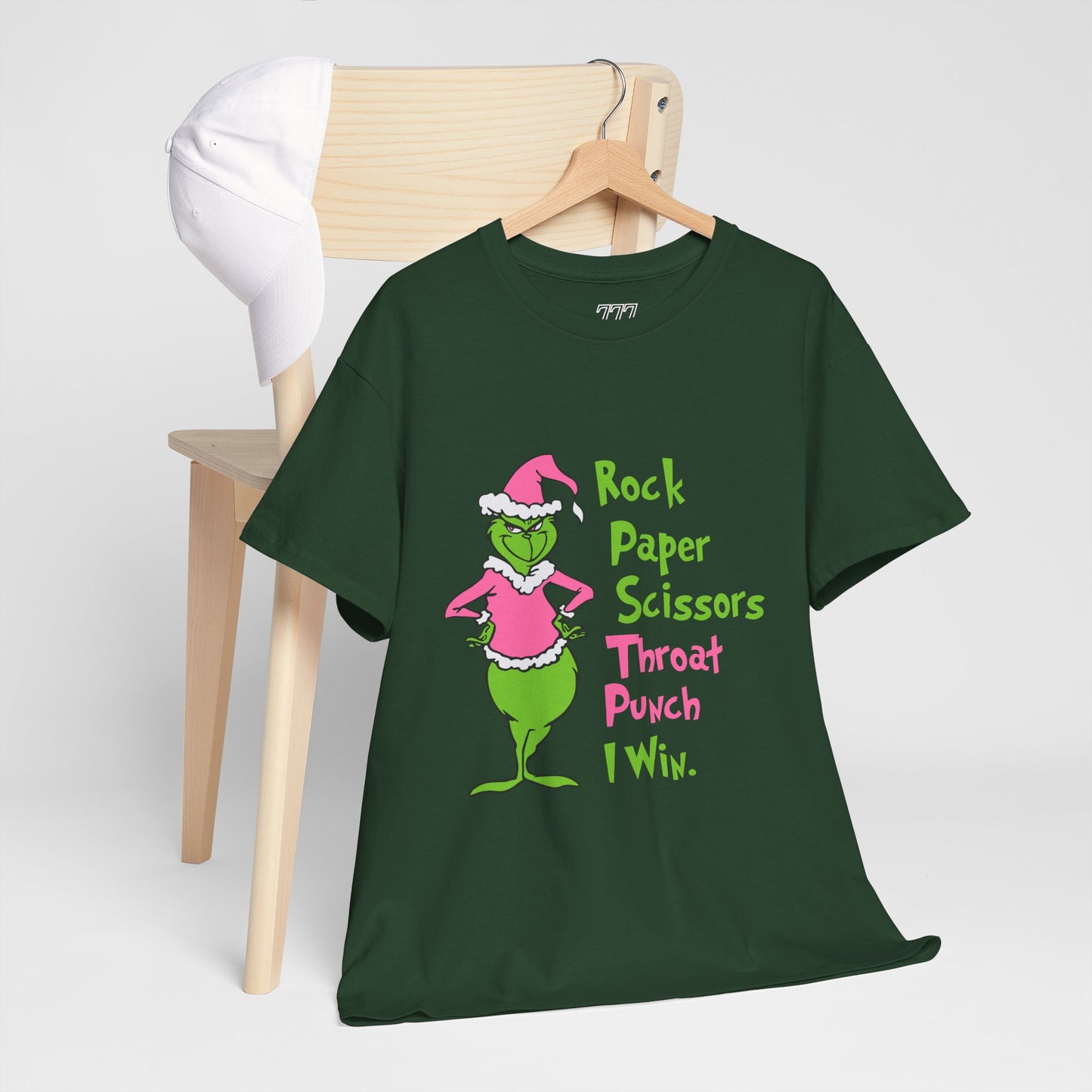Rock Paper Scissors Throat Punch I Win Funny Christmas Grinch-Inspired Holiday Tee – Sarcastic Pink Santa Unisex Heavy Cotton T-Shirt