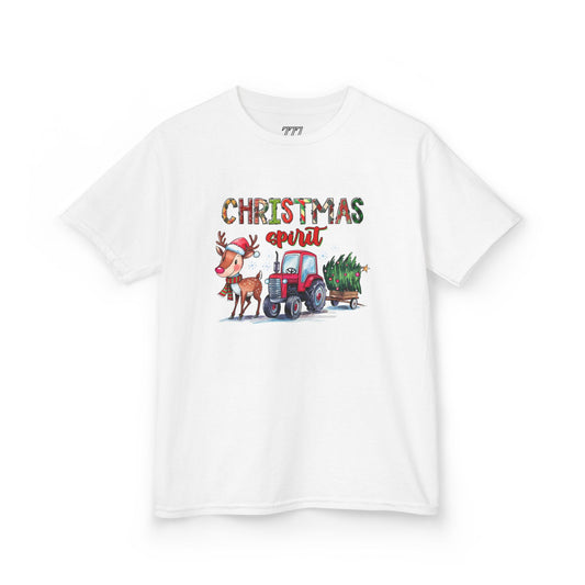 Christmas Spirit Kids T-Shirt – Cute Reindeer & Red Tractor Holiday Tee