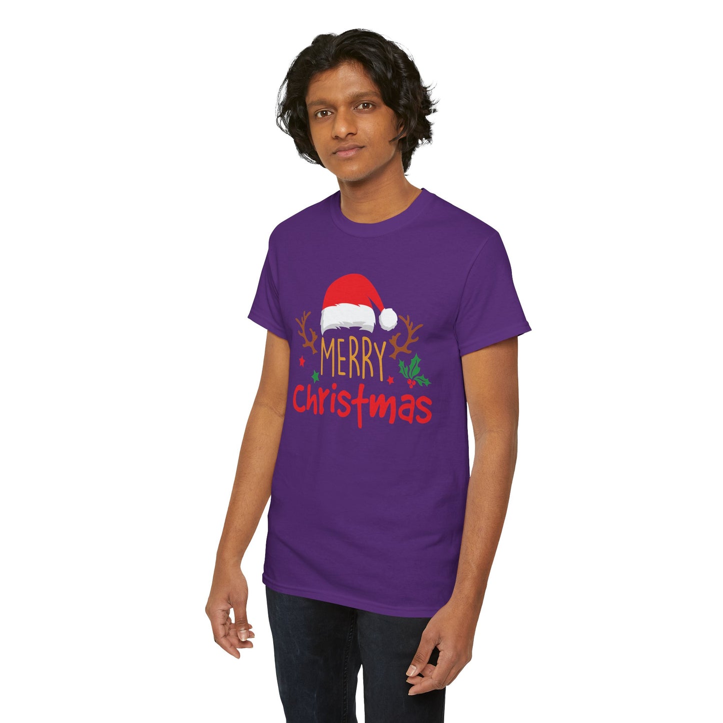 Merry Christmas Reindeer Unisex T-Shirt – Santa Hat Holiday Graphic Tee, Festive Xmas Shirt
