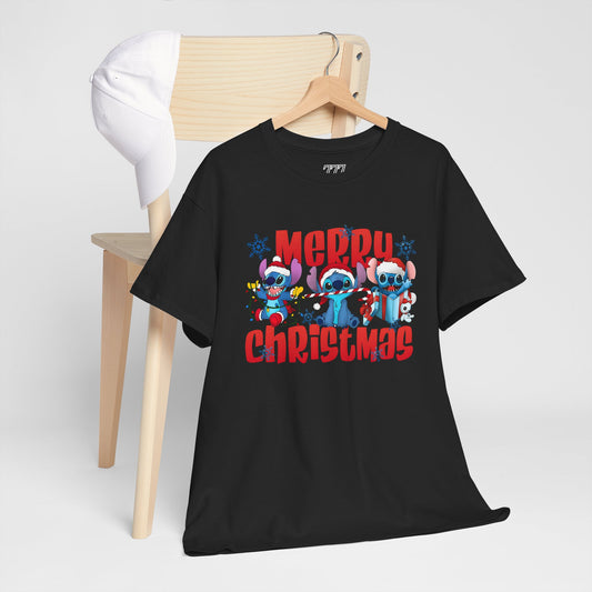 Merry Christmas Unisex Heavy Cotton T-Shirt – Cute Blue Holiday Characters Christmas Tee