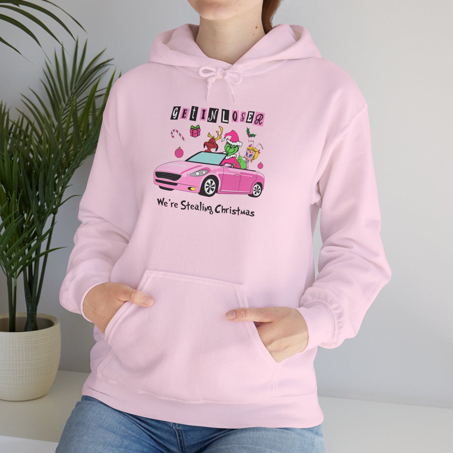 Get In Loser We’re Stealing Christmas Hoodie – Funny Green Holiday Creature Sweatshirt (Unisex)