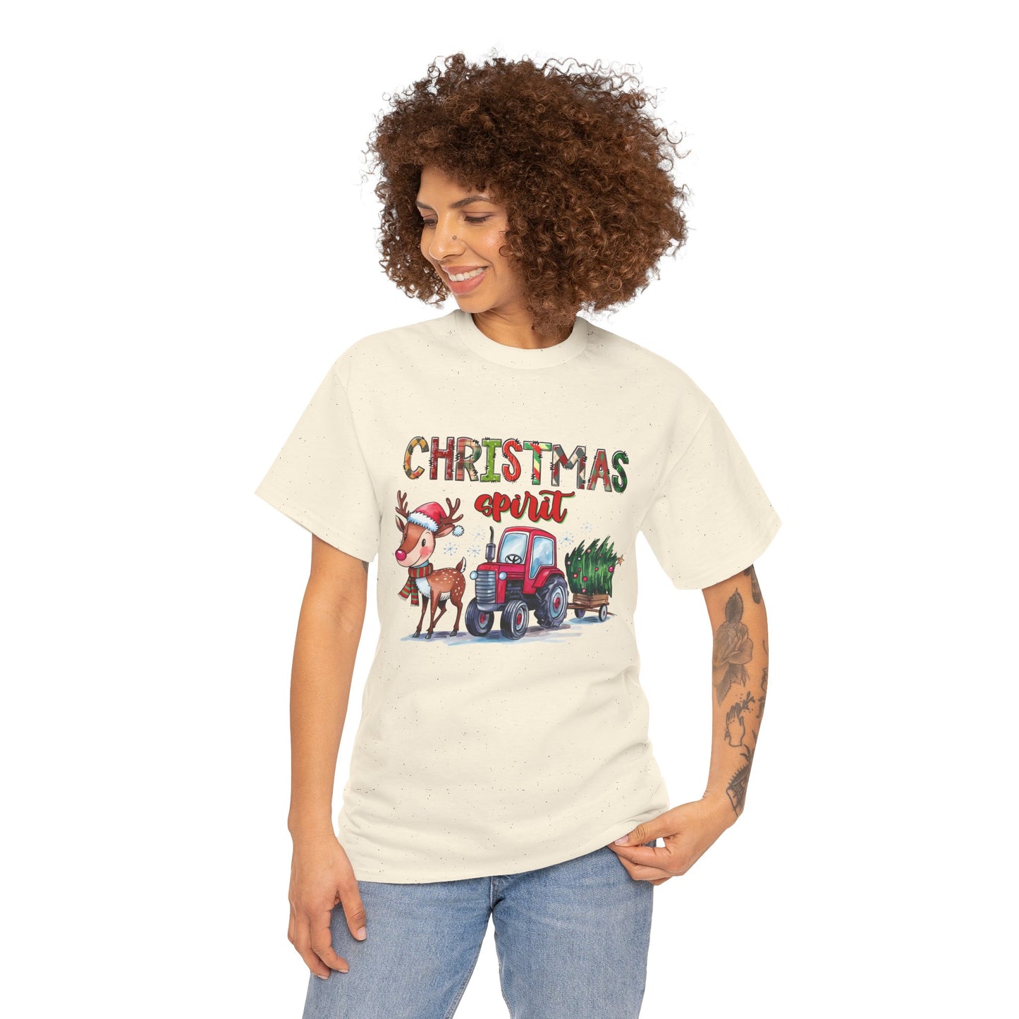 Christmas Spirit Unisex Heavy Cotton T-Shirt – Cute Reindeer & Red Tractor Holiday Tee