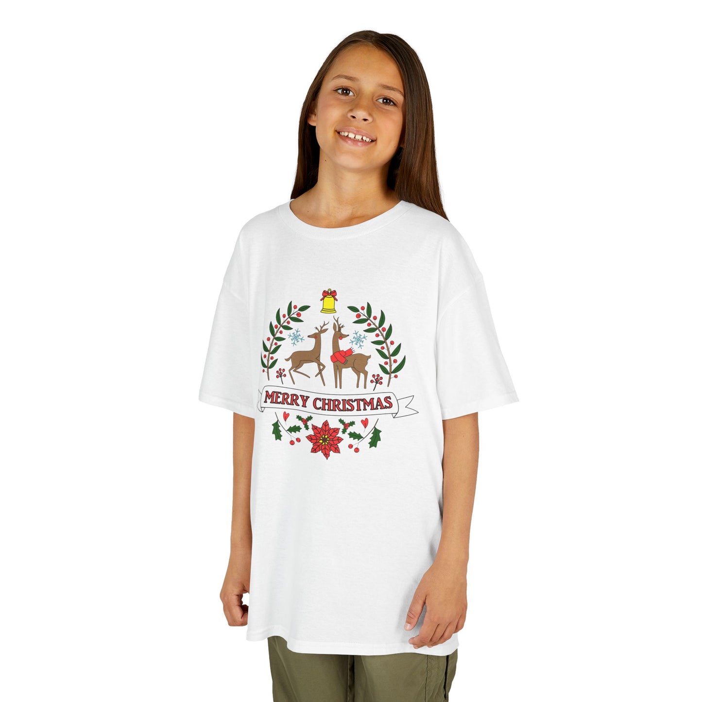 Merry Christmas Reindeer Kids T-Shirt – Cute Holiday Laurel & Poinsettia Tee