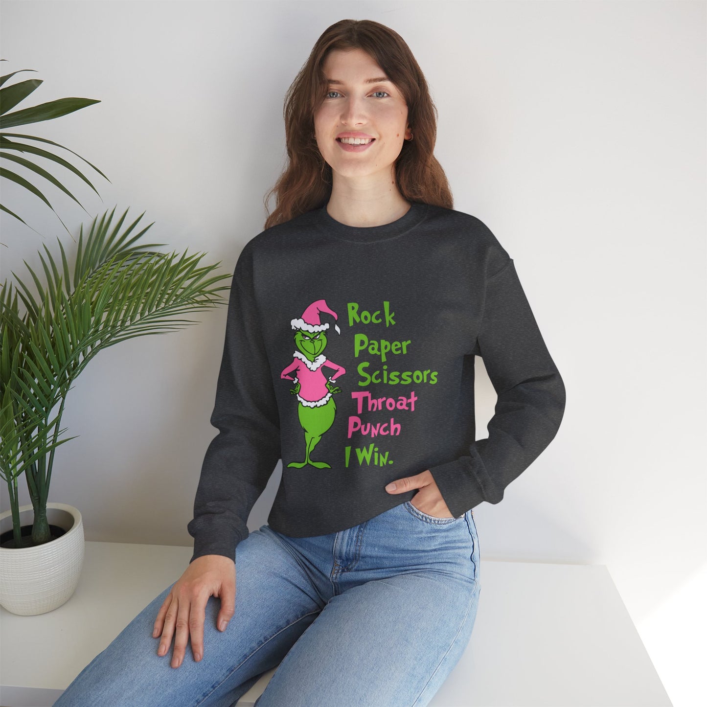 Rock Paper Scissors Throat Punch I Win Funny Christmas Grinch-Inspired Holiday Sweatshirt – Sarcastic Pink Santa Unisex Heavy Blend Crewneck