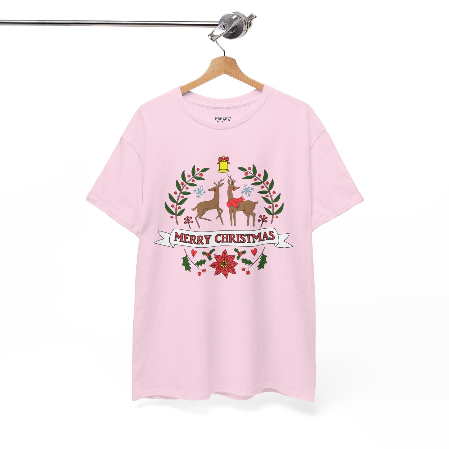 Merry Christmas Reindeer T-Shirt – Classic Holiday Laurel & Poinsettia Tee (Unisex)