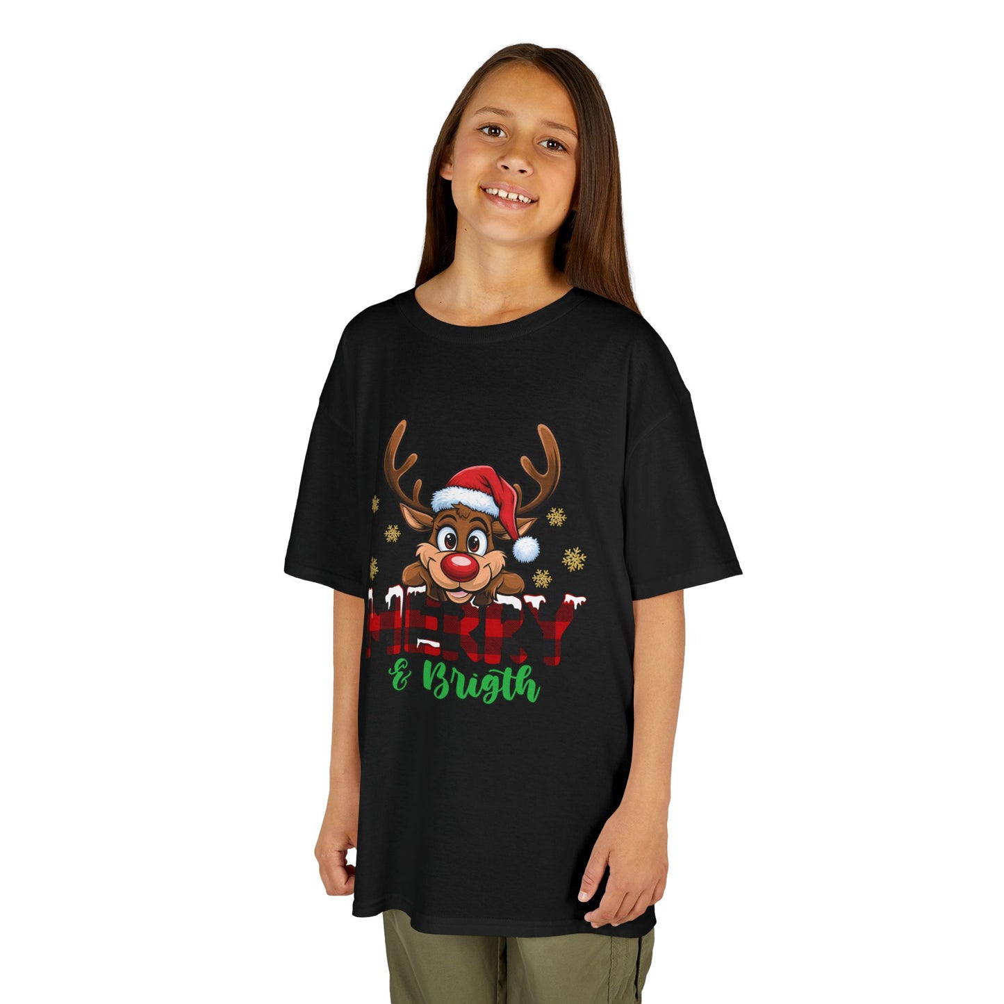 Merry & Bright Kids Christmas T-Shirt – Cute Reindeer Holiday Heavy Cotton Tee