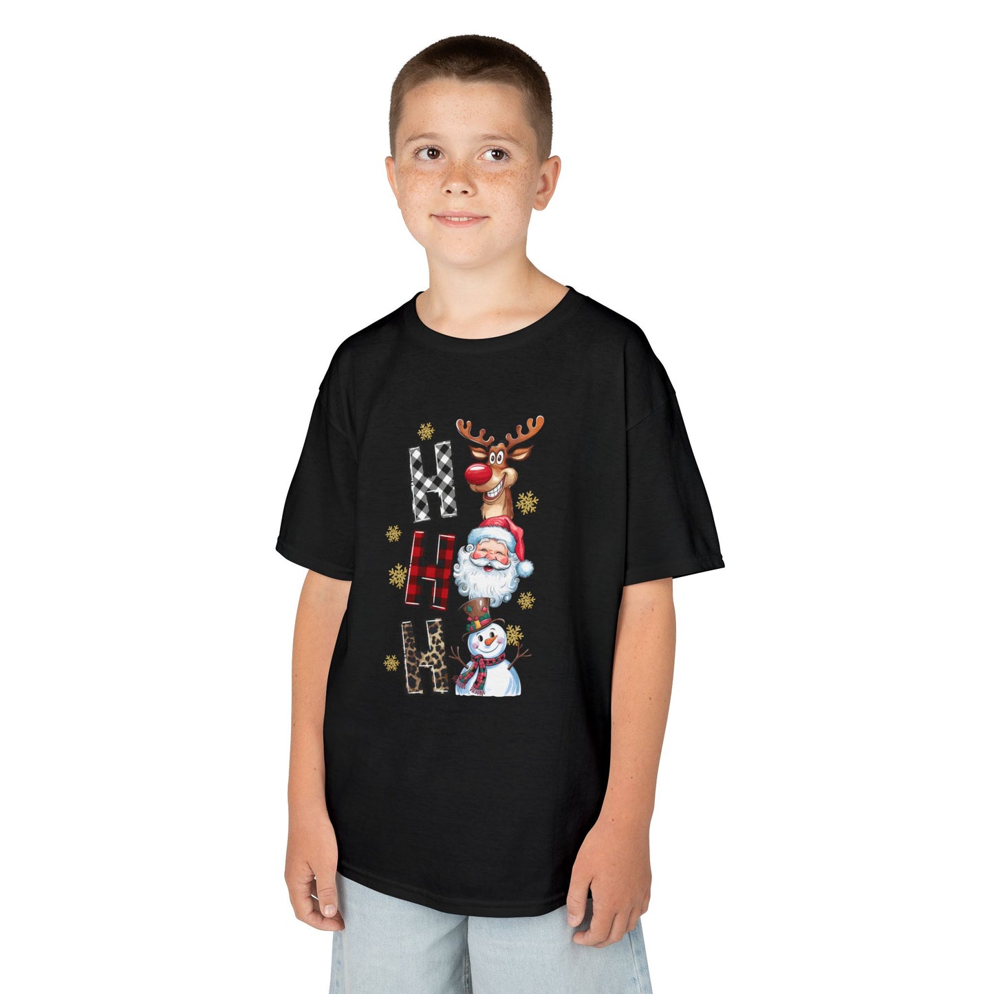 HO HO HO Kids Christmas T-Shirt – Santa, Reindeer & Snowman Holiday Tee