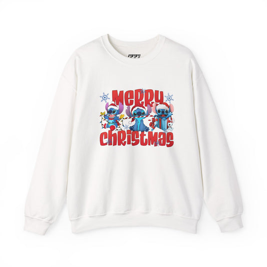 Merry Christmas Unisex Heavy Blend Crewneck Sweatshirt – Cute Blue Holiday Characters Sweater