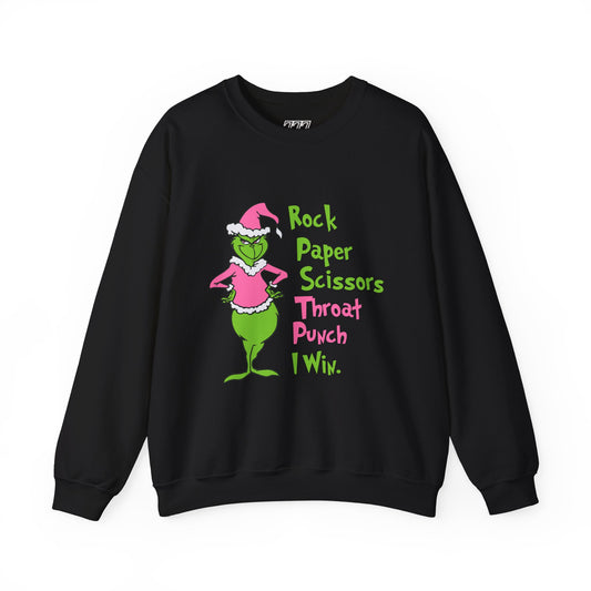 Rock Paper Scissors Throat Punch I Win Funny Christmas Grinch-Inspired Holiday Sweatshirt – Sarcastic Pink Santa Unisex Heavy Blend Crewneck