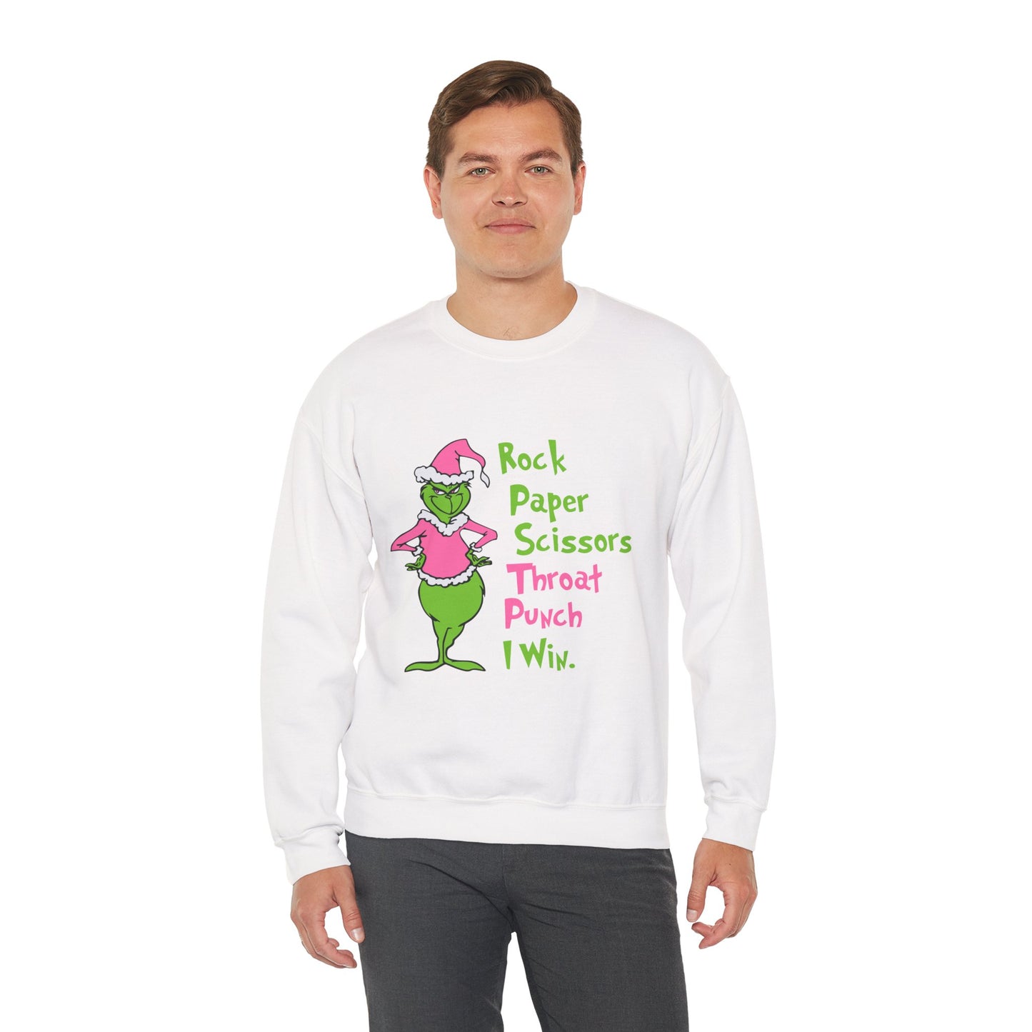 Rock Paper Scissors Throat Punch I Win Funny Christmas Grinch-Inspired Holiday Sweatshirt – Sarcastic Pink Santa Unisex Heavy Blend Crewneck