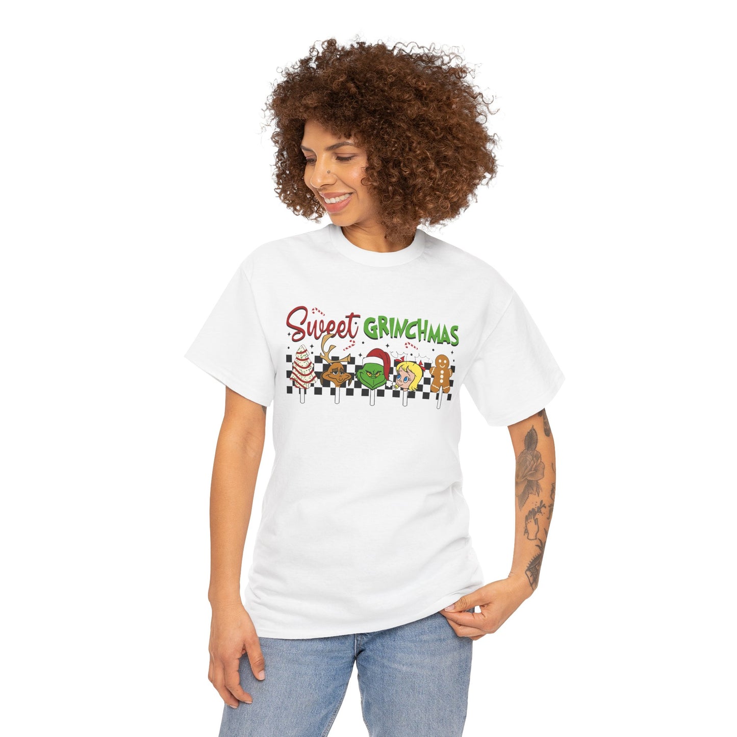 Sweet Grinchmas Candy Characters Funny Christmas Grinch-Inspired Holiday Tee – Festive Unisex Heavy Cotton T-Shirt