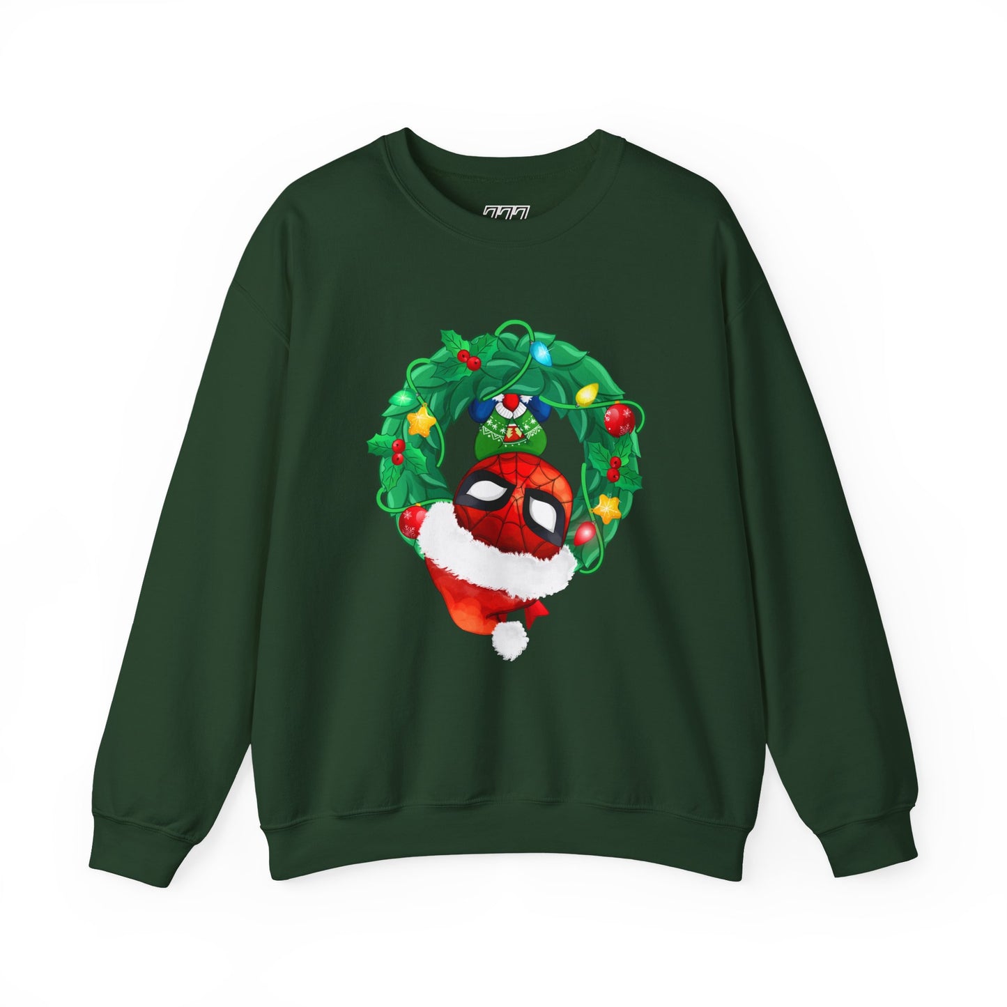 Spidey Wreath Christmas Sweatshirt – Superhero Holiday Lights Festive Unisex Heavy Blend Crewneck