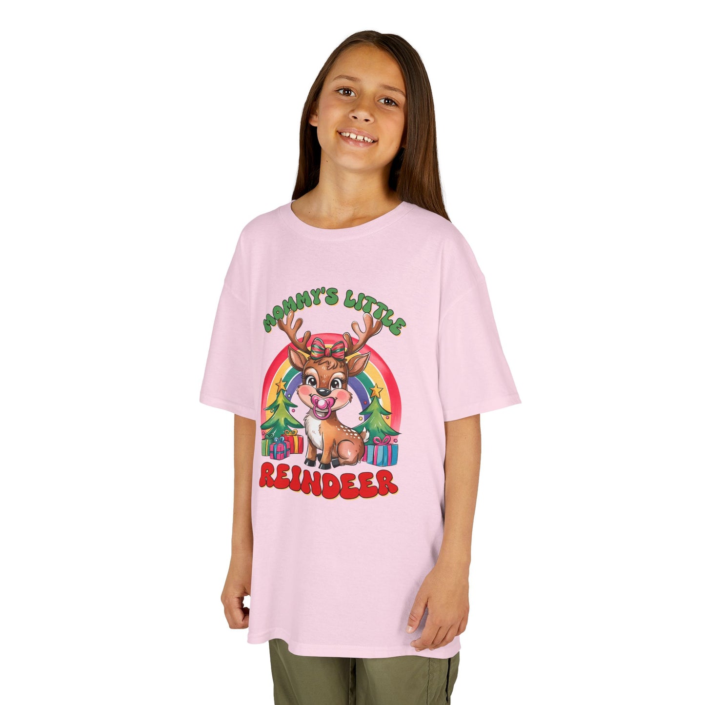 Mommy’s Little Reindeer Kids Christmas T-Shirt – Cute Holiday Reindeer Heavy Cotton Tee