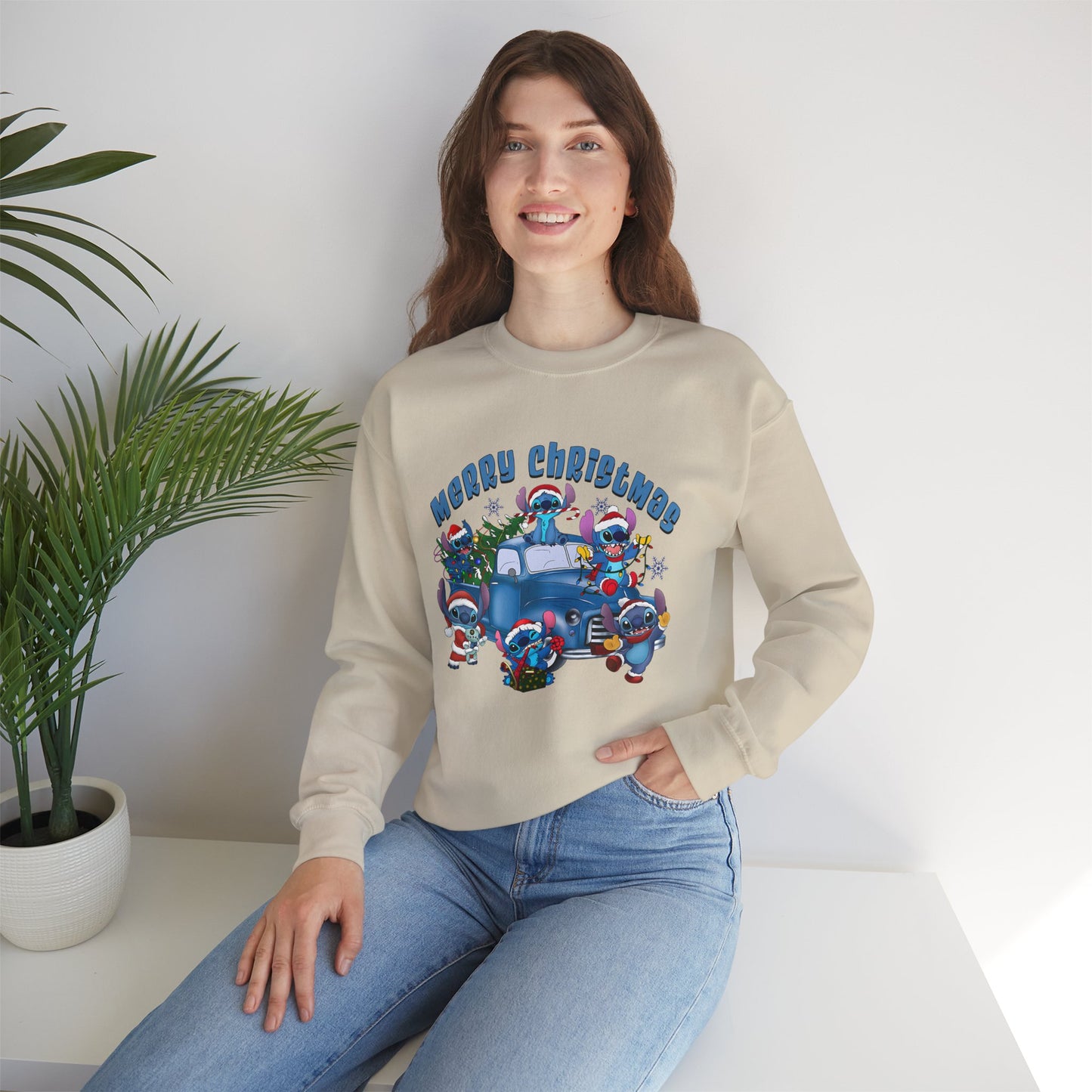 Merry Christmas Unisex Heavy Blend Crewneck Sweatshirt – Blue Christmas Truck & Cute Holiday Characters Sweater