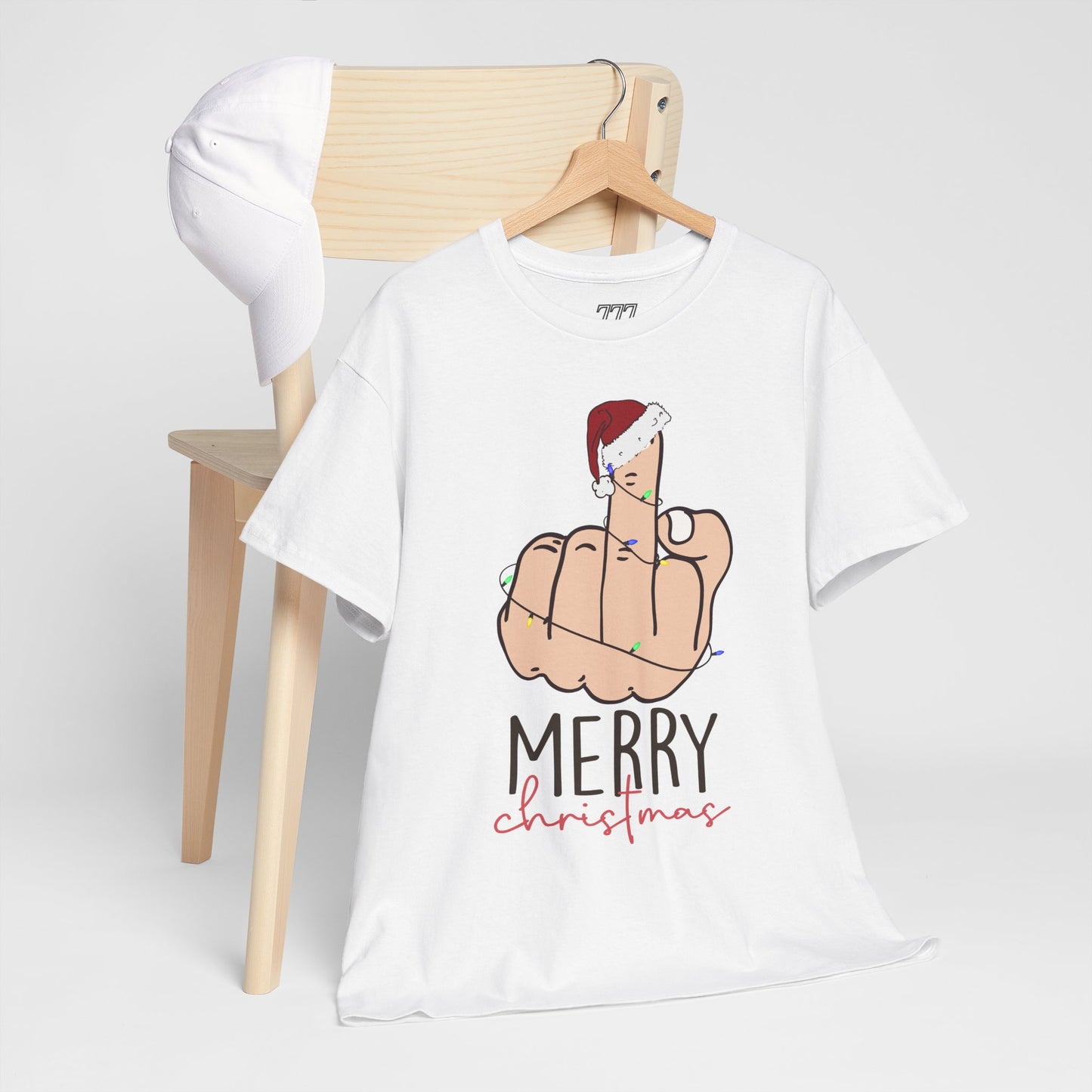 Merry Christmas Middle Finger Funny Adult Holiday Tee – Sarcastic Santa Joke Unisex Heavy Cotton T-Shirt
