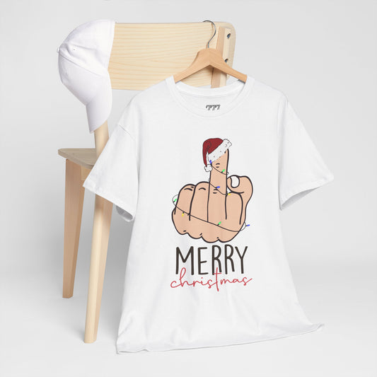 Merry Christmas Middle Finger Funny Adult Holiday Tee – Sarcastic Santa Joke Unisex Heavy Cotton T-Shirt