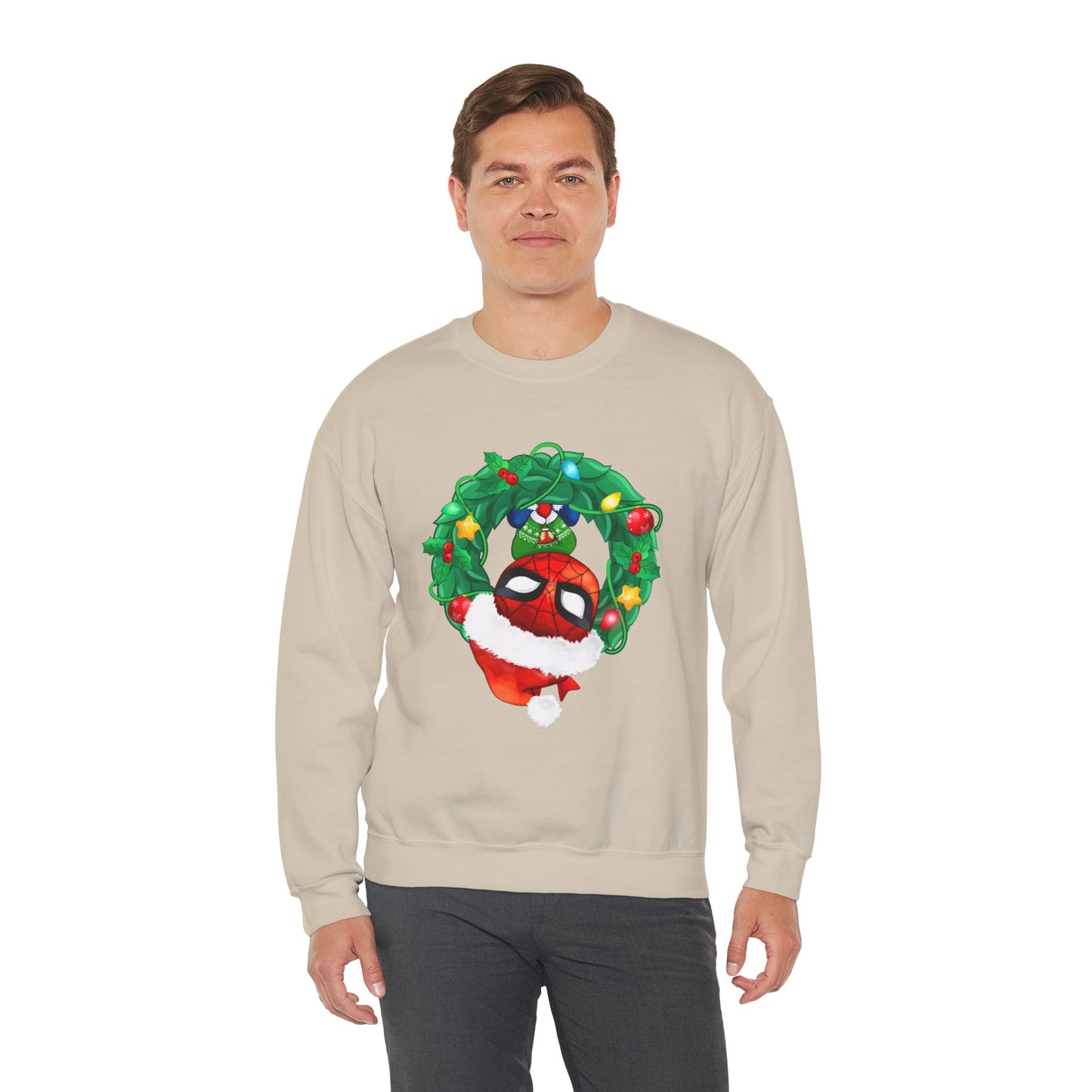 Spidey Wreath Christmas Sweatshirt – Superhero Holiday Lights Festive Unisex Heavy Blend Crewneck