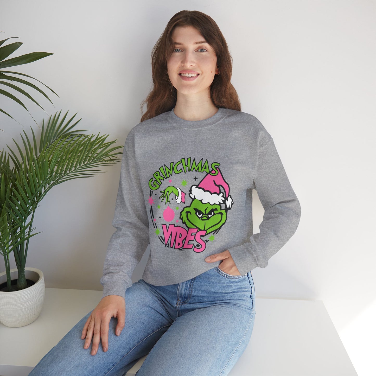 Grinchmas Vibes Funny Christmas Grinch-Inspired Holiday Sweatshirt – Pink Santa Festive Unisex Heavy Blend Crewneck