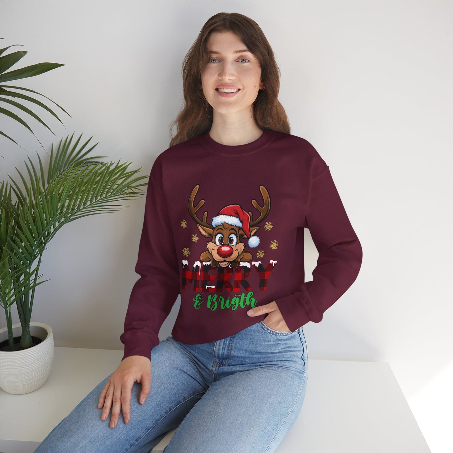 Merry & Bright Unisex Heavy Blend Crewneck Sweatshirt – Cute Christmas Reindeer Holiday Sweater