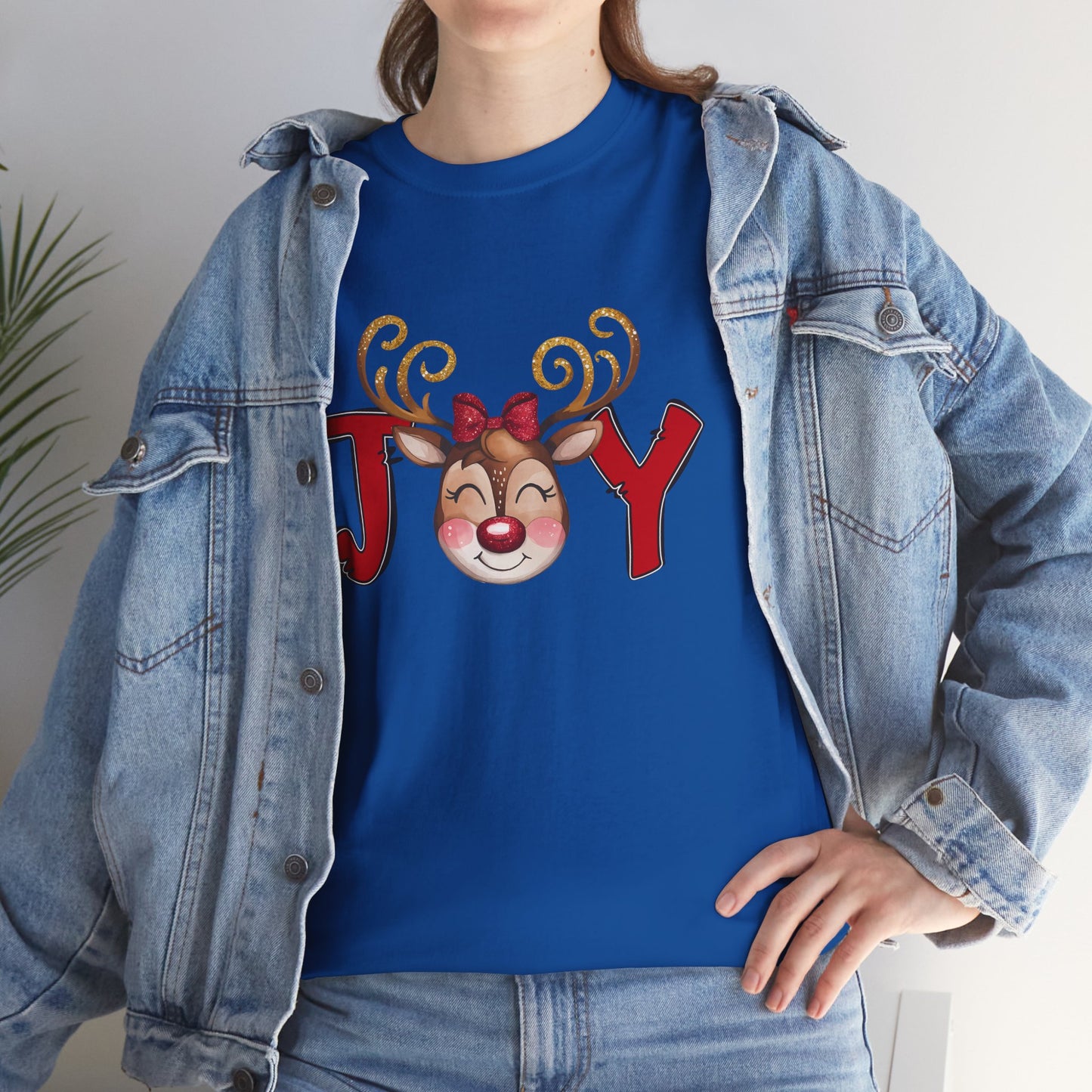 Reindeer Joy Women’s Christmas T-Shirt – Cute Holiday Reindeer Face Heavy Cotton Tee