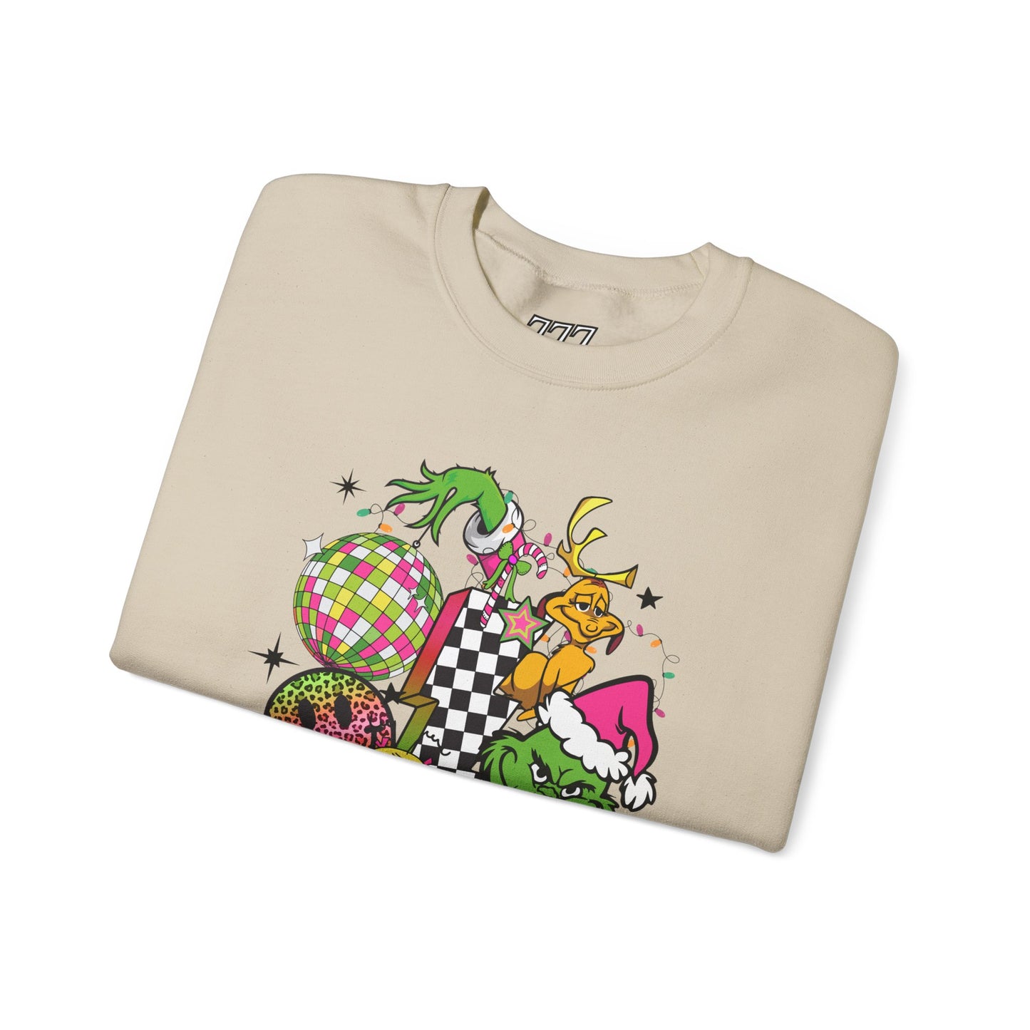 Grinchy Bells Christmas Crewneck – Neon Holiday Hearts & Grumpy Green Aesthetic Sweatshirt (Unisex)