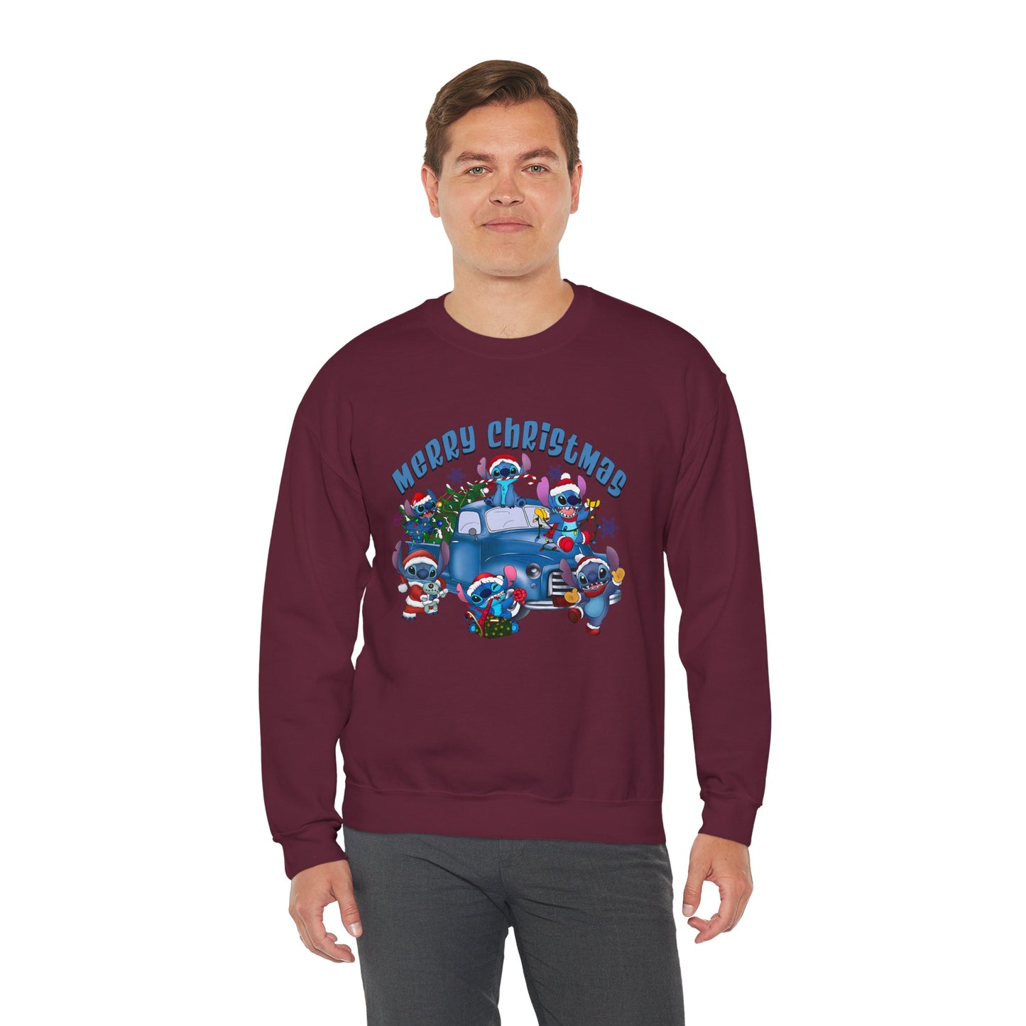 Merry Christmas Unisex Heavy Blend Crewneck Sweatshirt – Blue Christmas Truck & Cute Holiday Characters Sweater