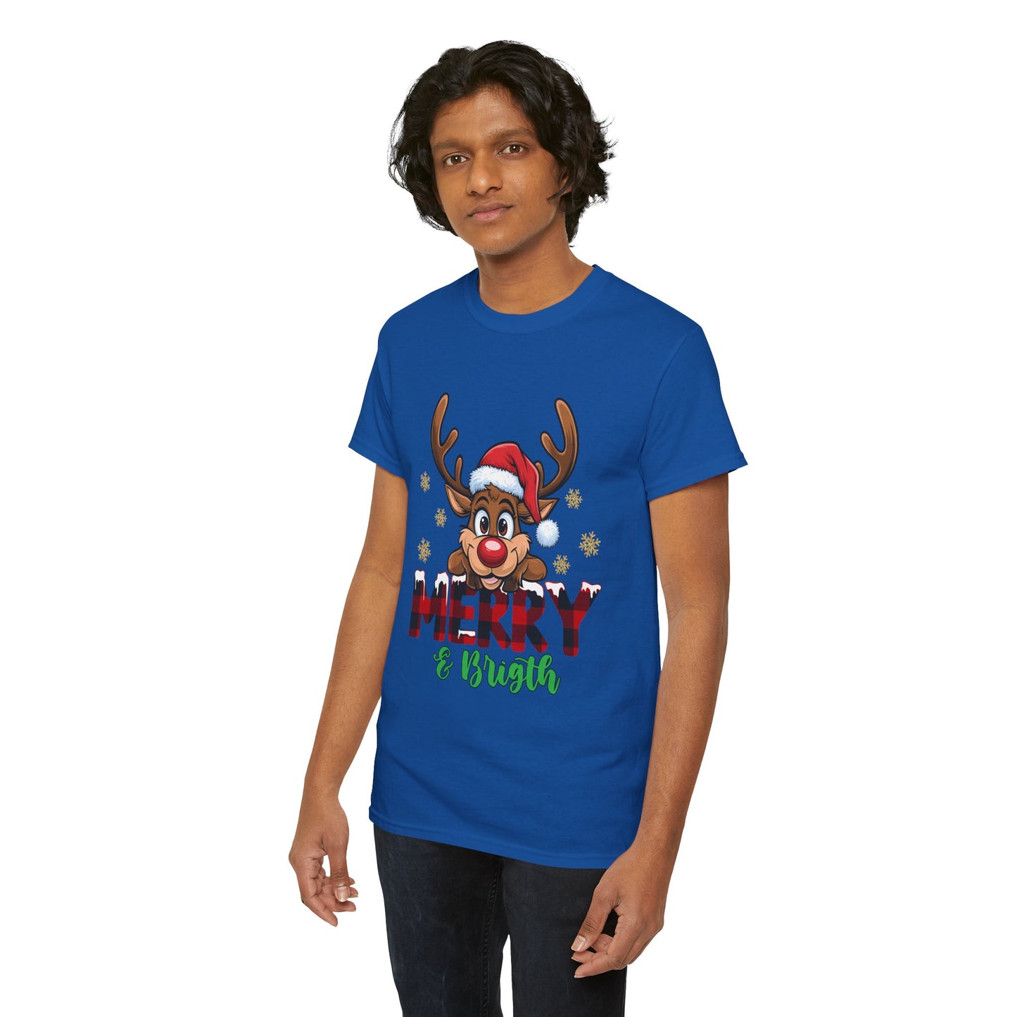 Merry & Bright Unisex Heavy Cotton T-Shirt – Cute Christmas Reindeer Holiday Tee
