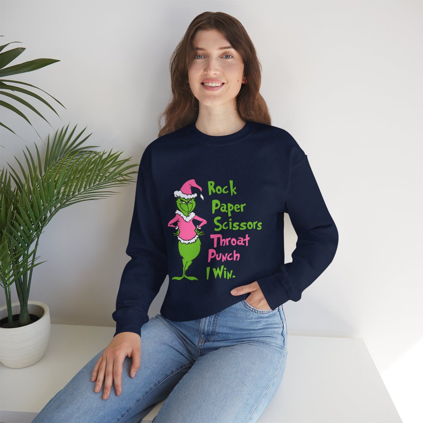 Rock Paper Scissors Throat Punch I Win Funny Christmas Grinch-Inspired Holiday Sweatshirt – Sarcastic Pink Santa Unisex Heavy Blend Crewneck