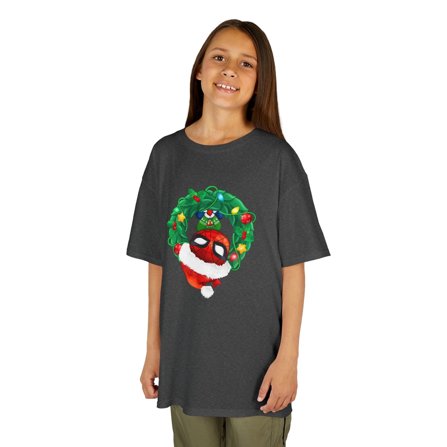Spidey Wreath Kids Christmas Tee – Superhero Holiday Shirt for Kids Heavy Cotton T-Shirt