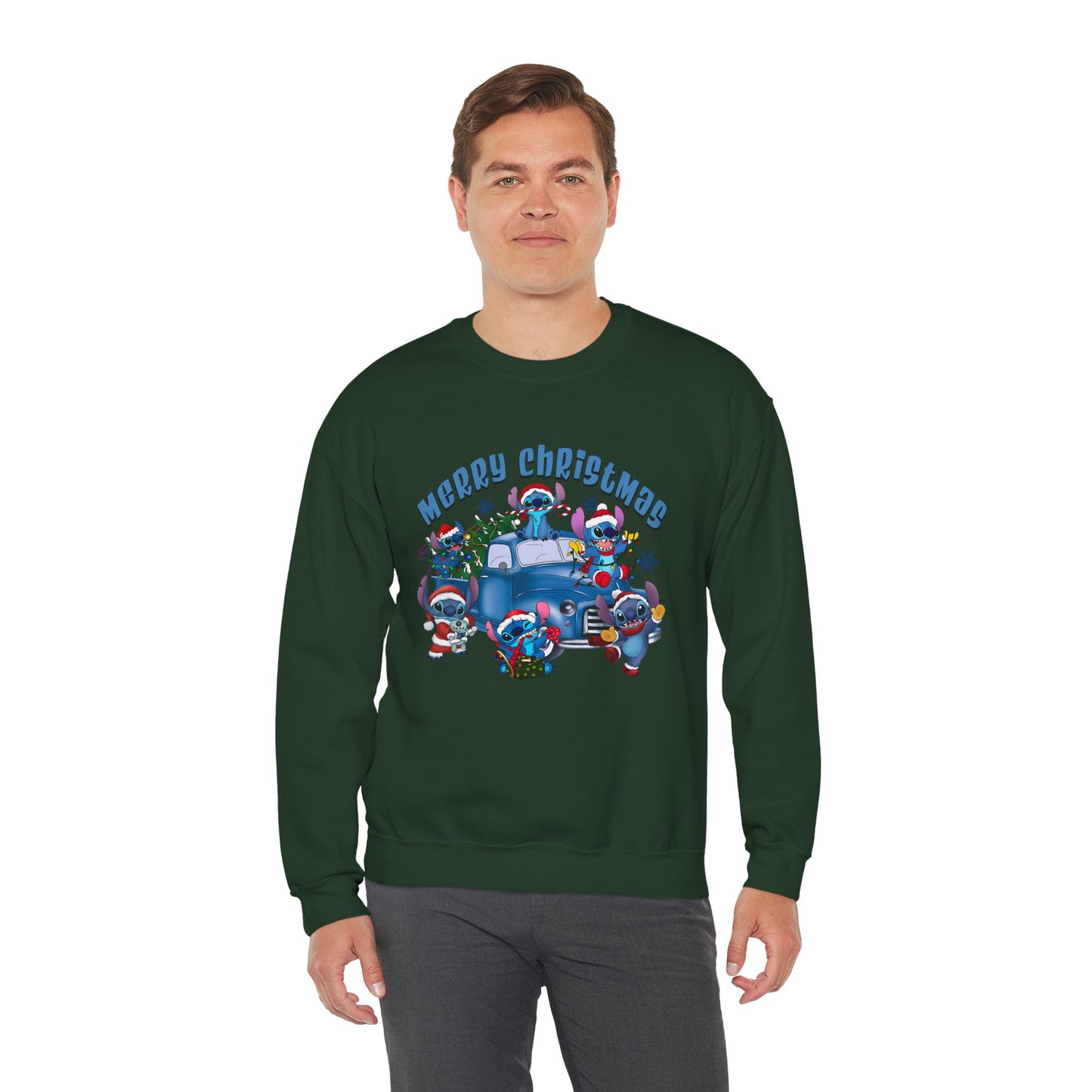 Merry Christmas Unisex Heavy Blend Crewneck Sweatshirt – Blue Christmas Truck & Cute Holiday Characters Sweater