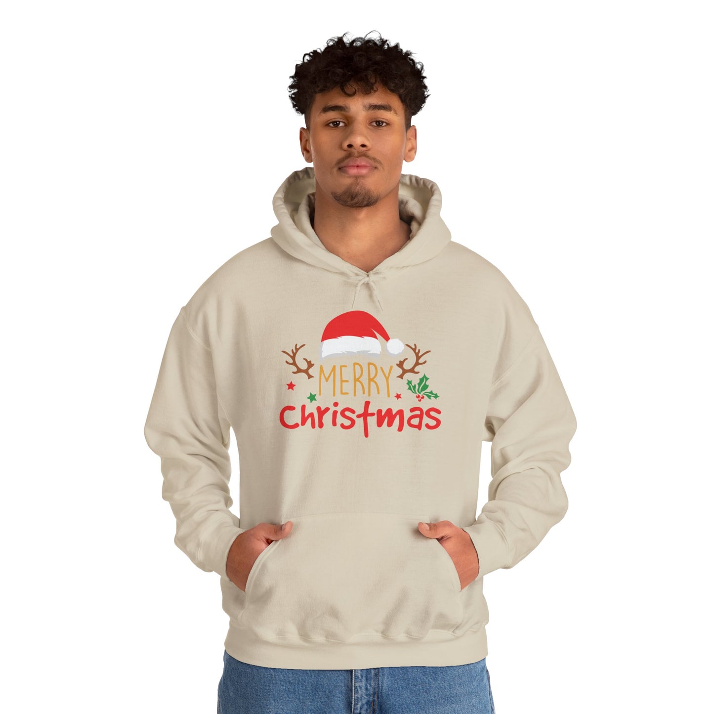 Merry Christmas Reindeer Hoodie – Santa Hat Holiday Unisex Sweatshirt, Festive Xmas Pullover