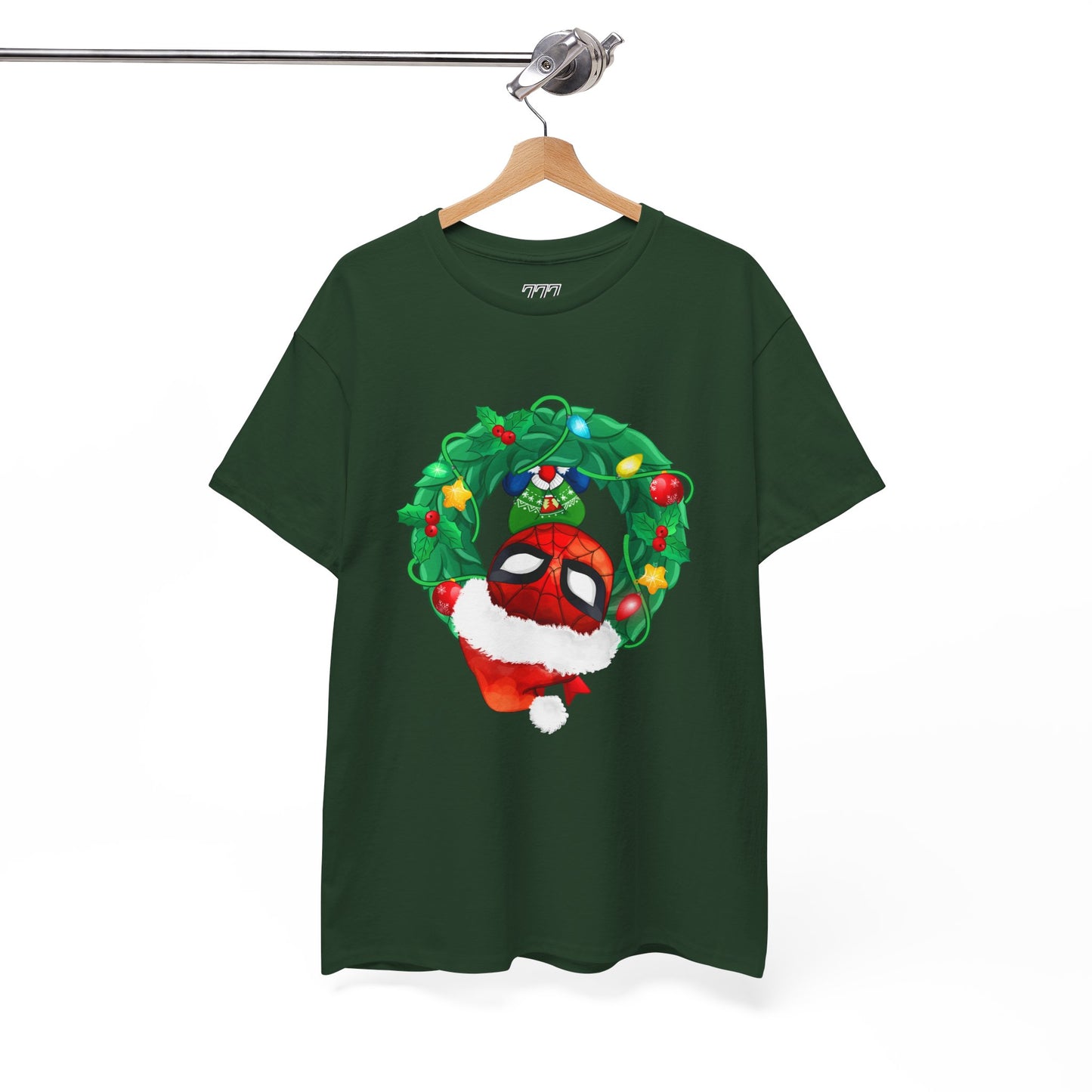 Spidey Wreath Christmas Tee – Superhero Holiday Lights Festive Unisex Heavy Cotton T-Shirt