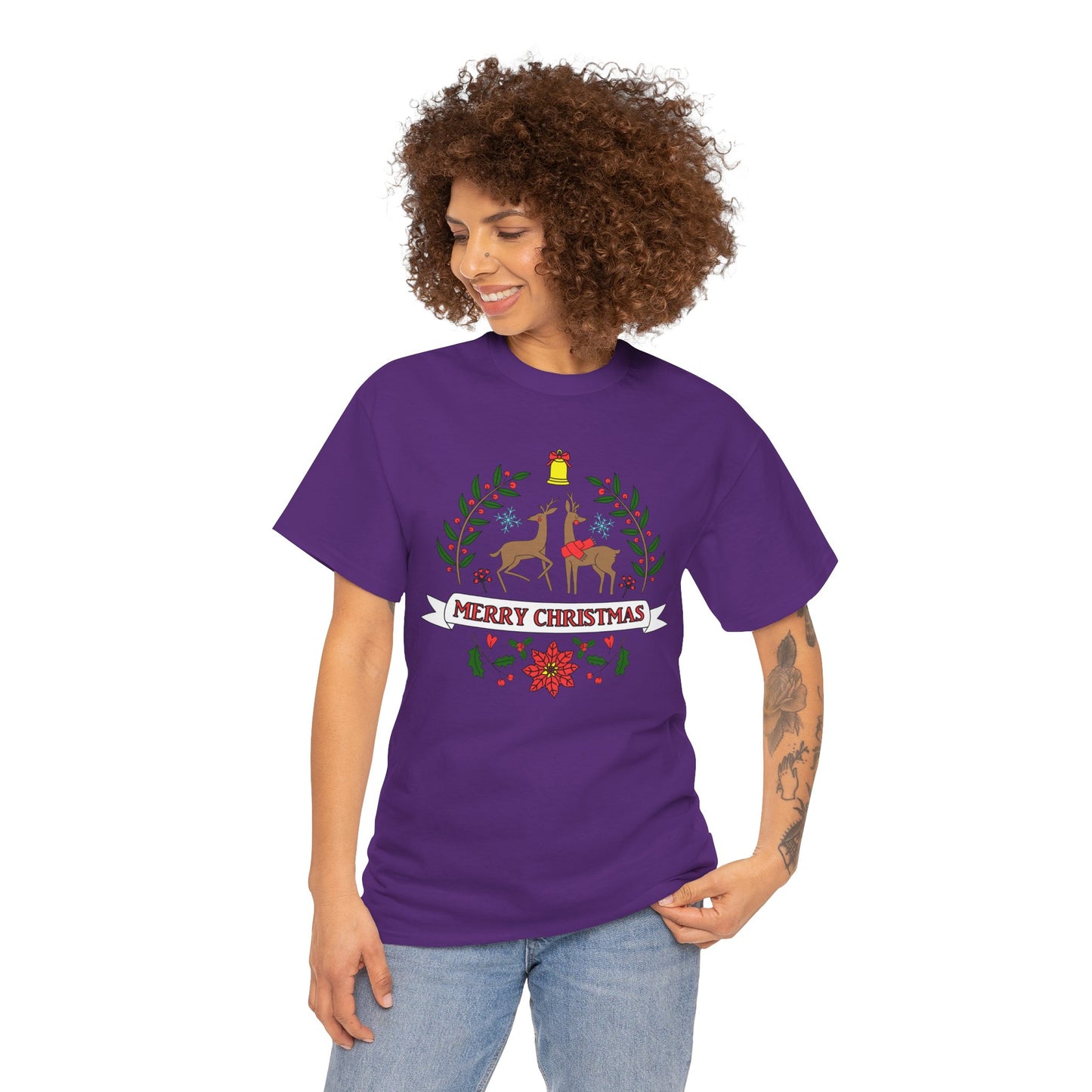 Merry Christmas Reindeer T-Shirt – Classic Holiday Laurel & Poinsettia Tee (Unisex)