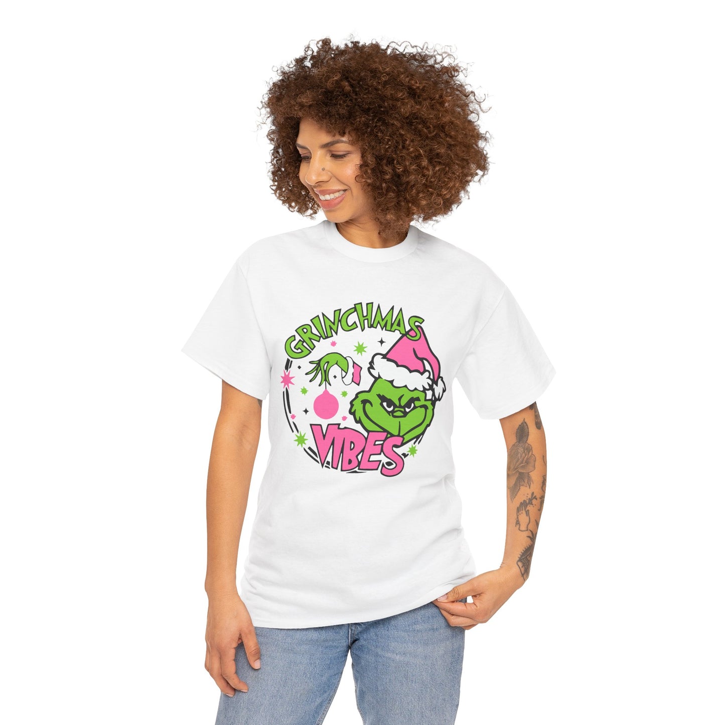 Grinchmas Vibes Funny Christmas Grinch-Inspired Holiday Tee – Pink Santa Festive Unisex Heavy Cotton T-Shirt