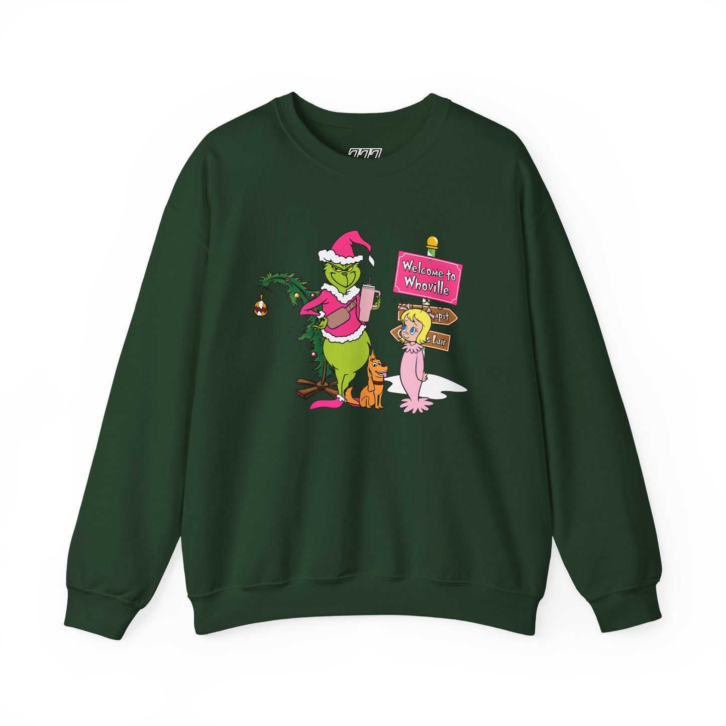 Welcome to Merryville Christmas Crewneck – Cute Green Creature & Winter Village Sweatshirt (Unisex)