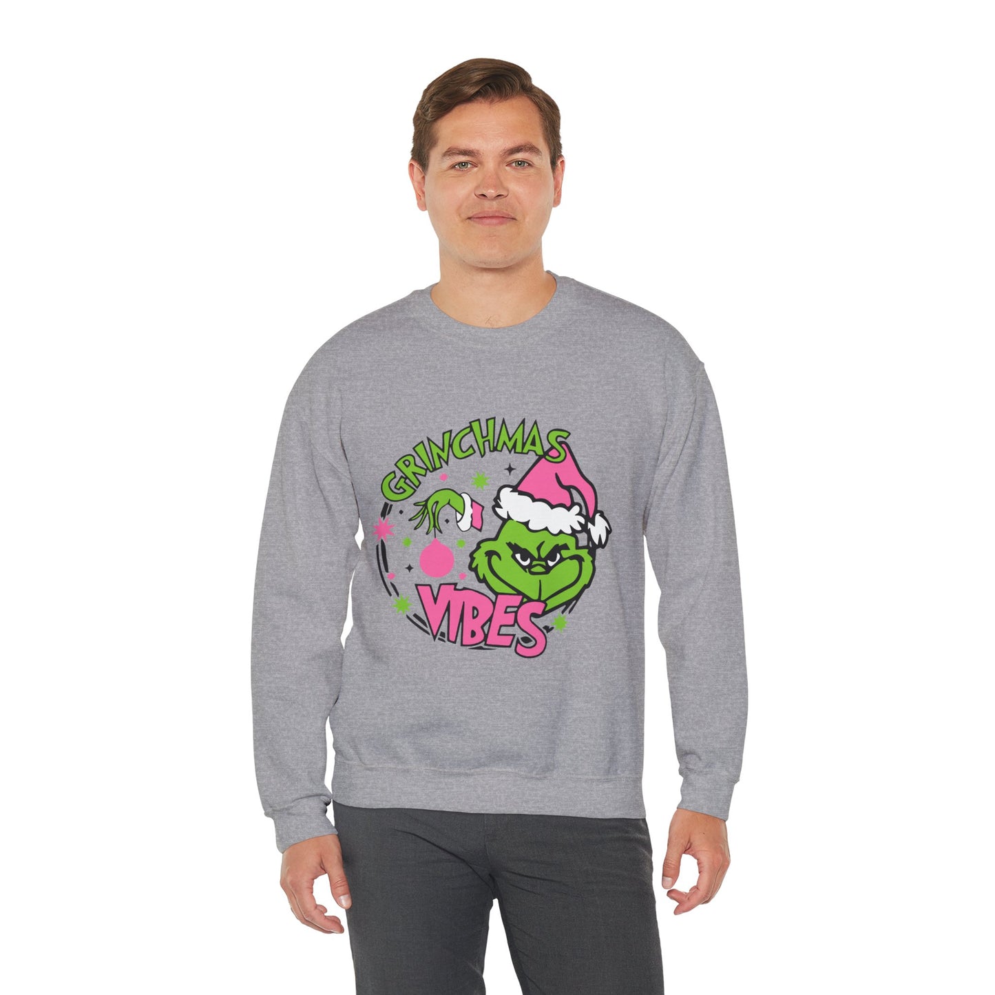 Grinchmas Vibes Funny Christmas Grinch-Inspired Holiday Sweatshirt – Pink Santa Festive Unisex Heavy Blend Crewneck
