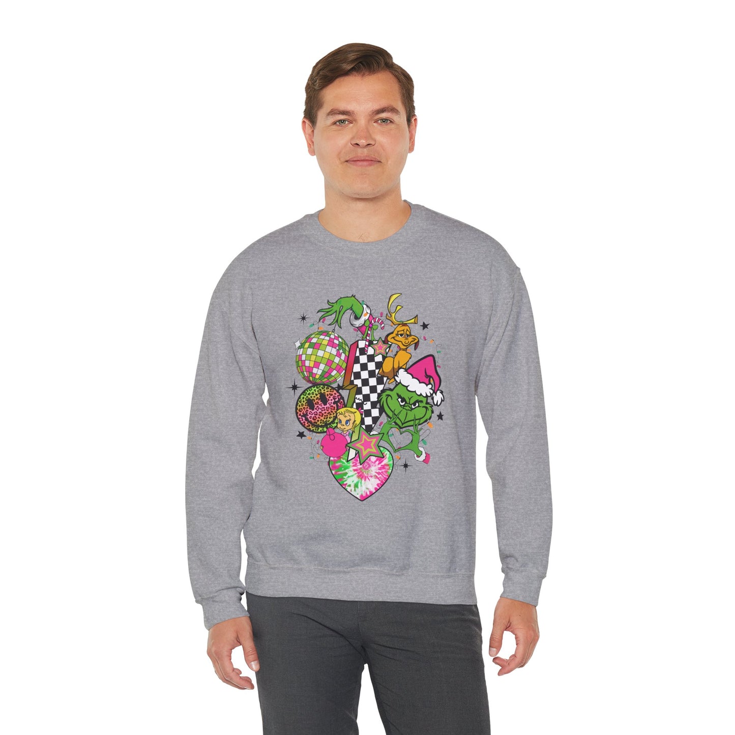 Grinchy Bells Christmas Crewneck – Neon Holiday Hearts & Grumpy Green Aesthetic Sweatshirt (Unisex)